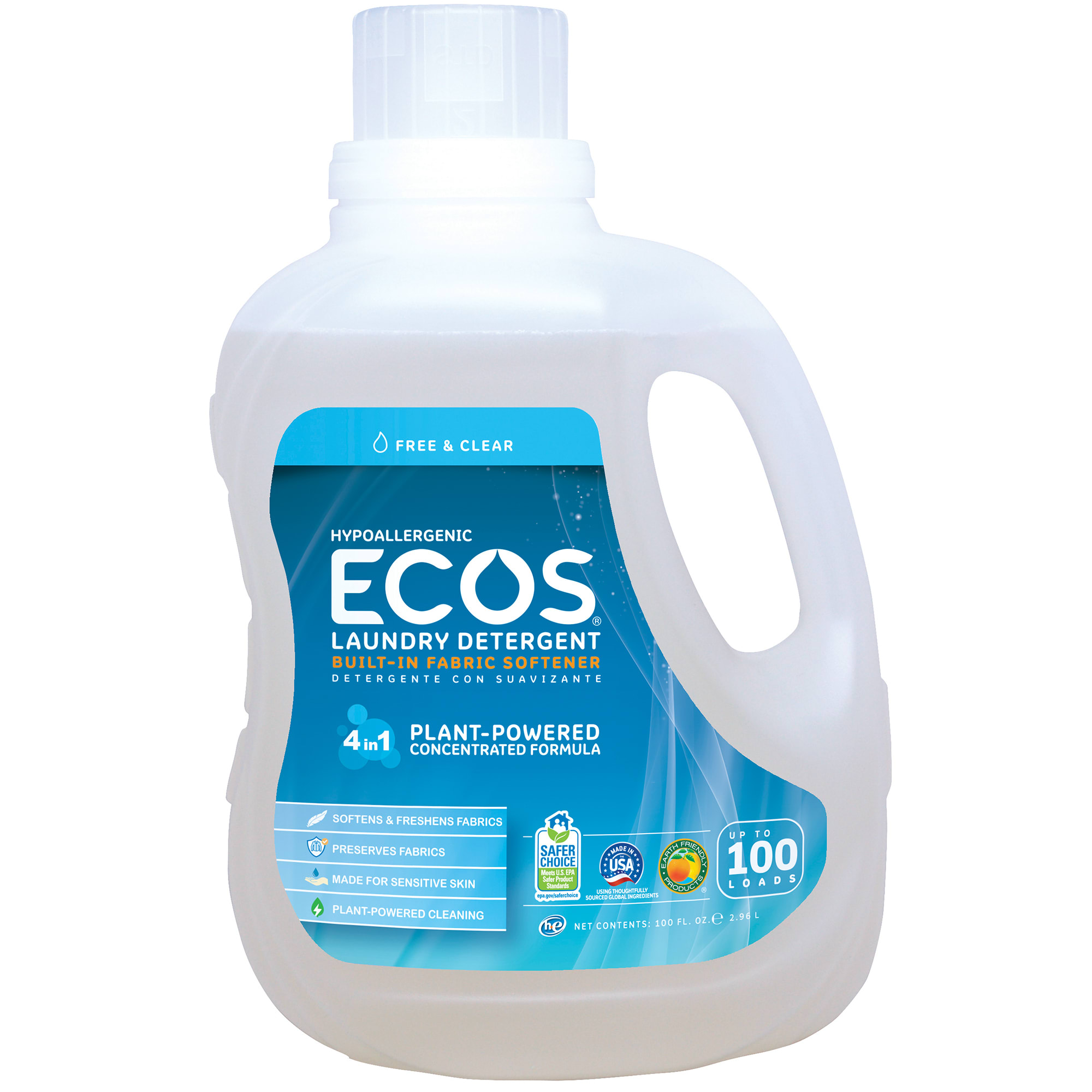 ECOS Free & Clear Hypoallergenic Liquid Laundry Detergent with Built-In  Fabric Softener