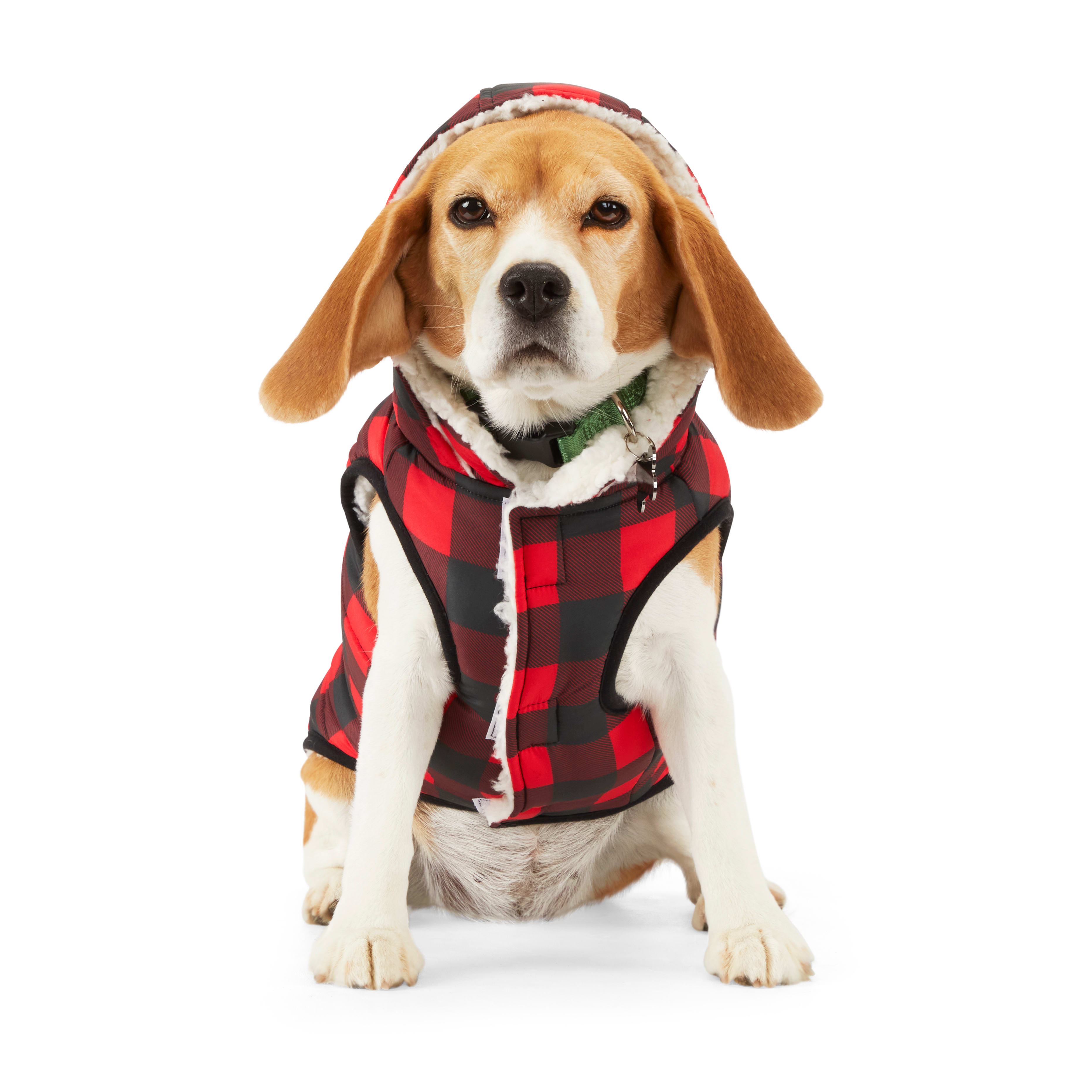 Merry Makings Red/Blue Buffalo Check Hooded Vest for Dogs and Cats, X-Small