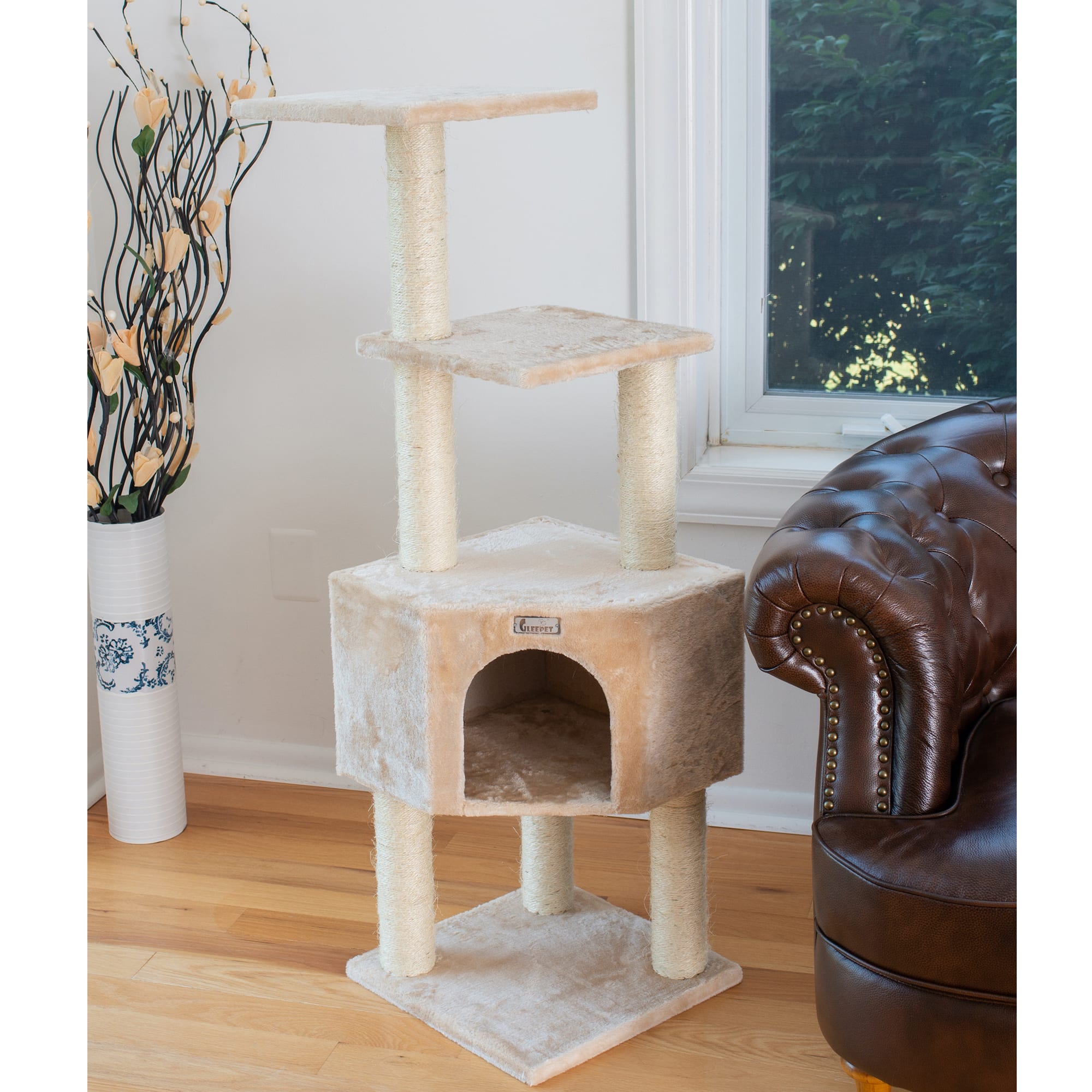 Gleepet Beige Real Wood Cat Tree with Perch And Playhouse, 48