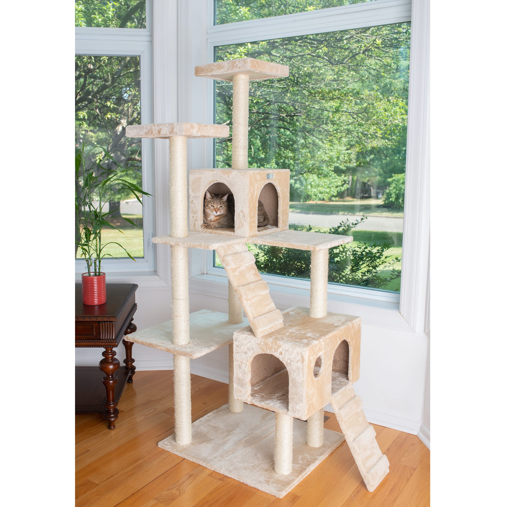 Gleepet Beige GP78700621 Real Wood Cat Tree with Two Ramps & Condos, 70