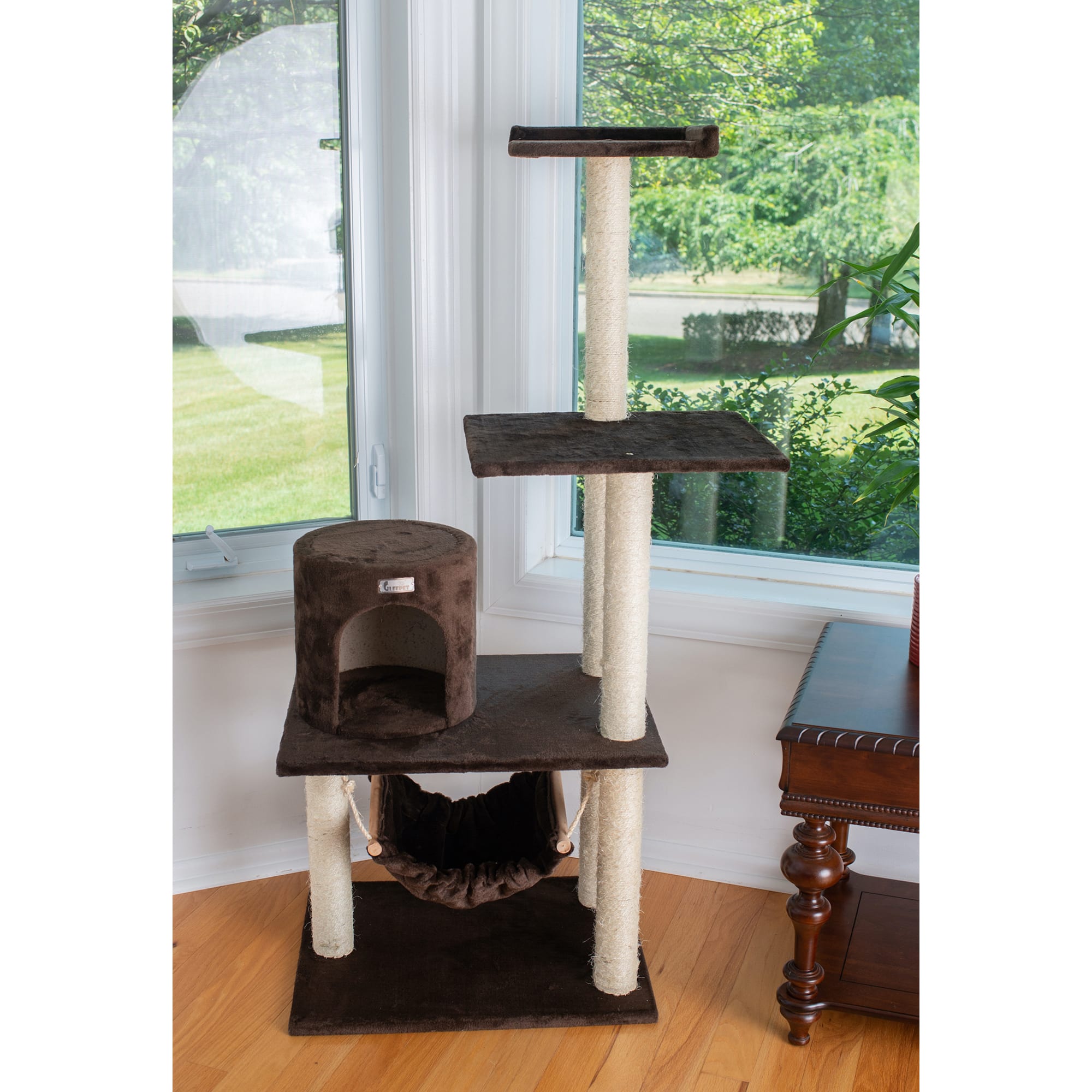 Gleepet Brown GP78590223 Real Wood Cat Tree with Condo and Hammock, 59