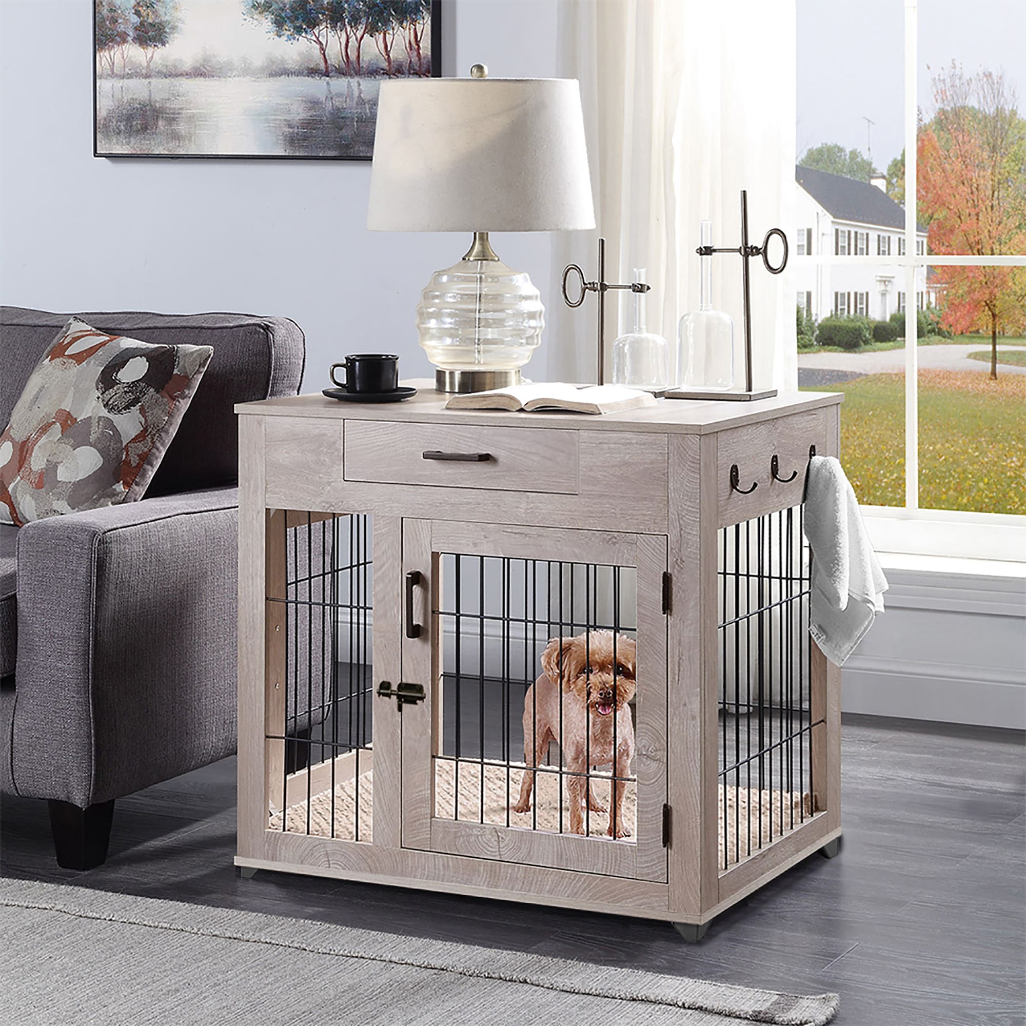 UniPaws Crate Wooden End Table with Wire Dog Kennels with Drawer in