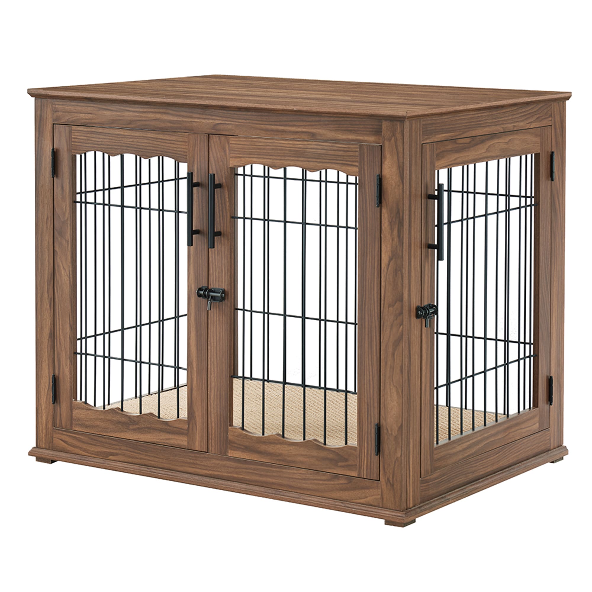 UniPaws Crate Wooden End Table with Wire Dog Kennel with Bed in Walnut