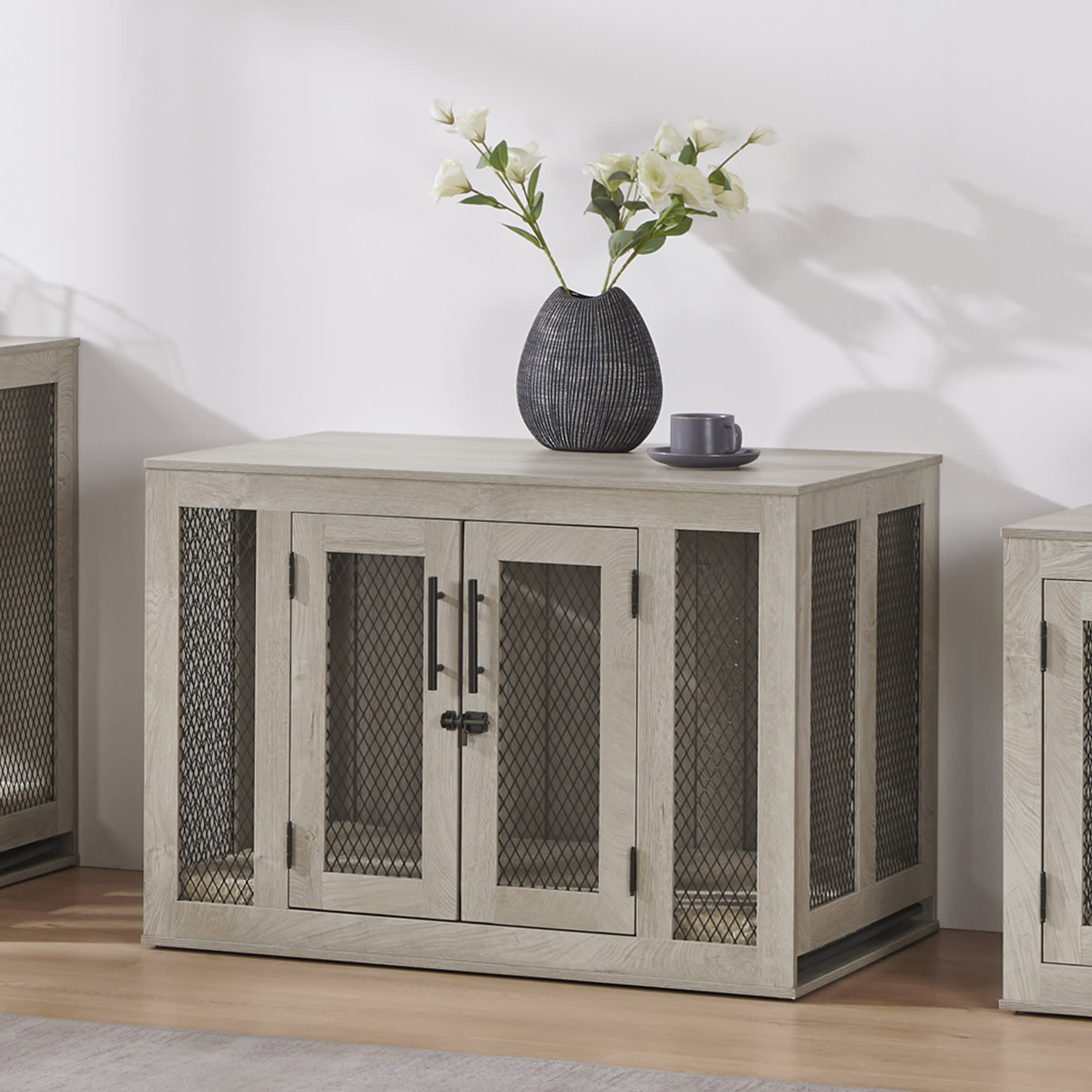 UniPaws Crate Wooden Dog Kennels with Cushion in Weathered Grey, 37