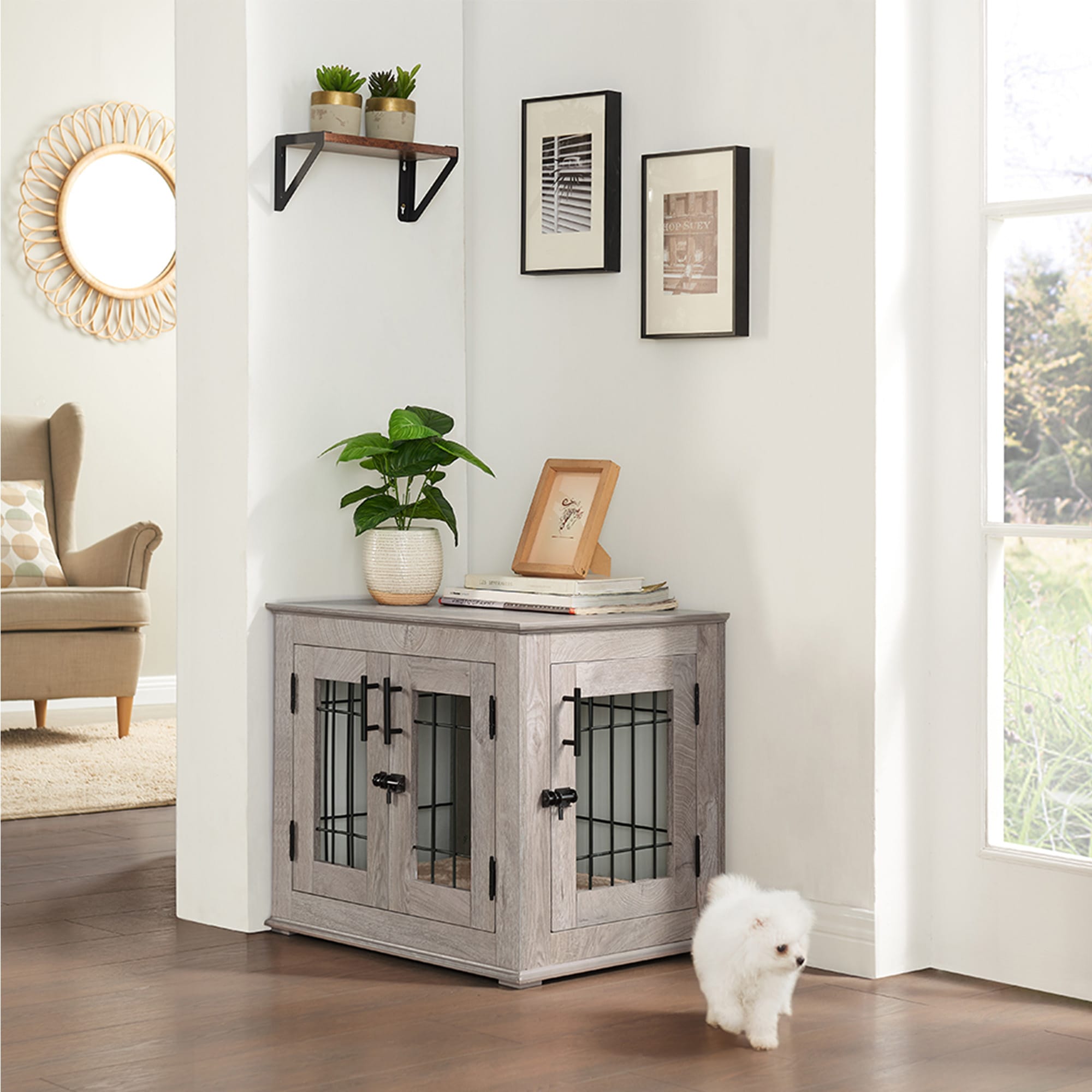 UniPaws Crate Wooden End Table with Wire Dog Kennel & Bed in Weathered