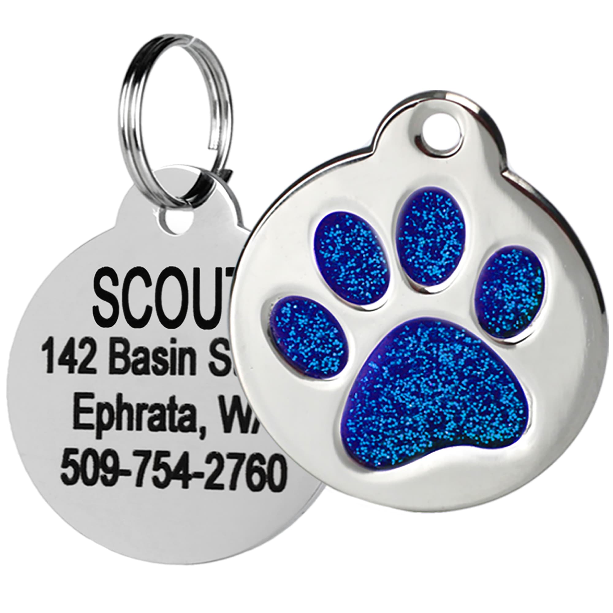 GoTags Personalized Glitter Blue Paw Print Stainless Steel Round