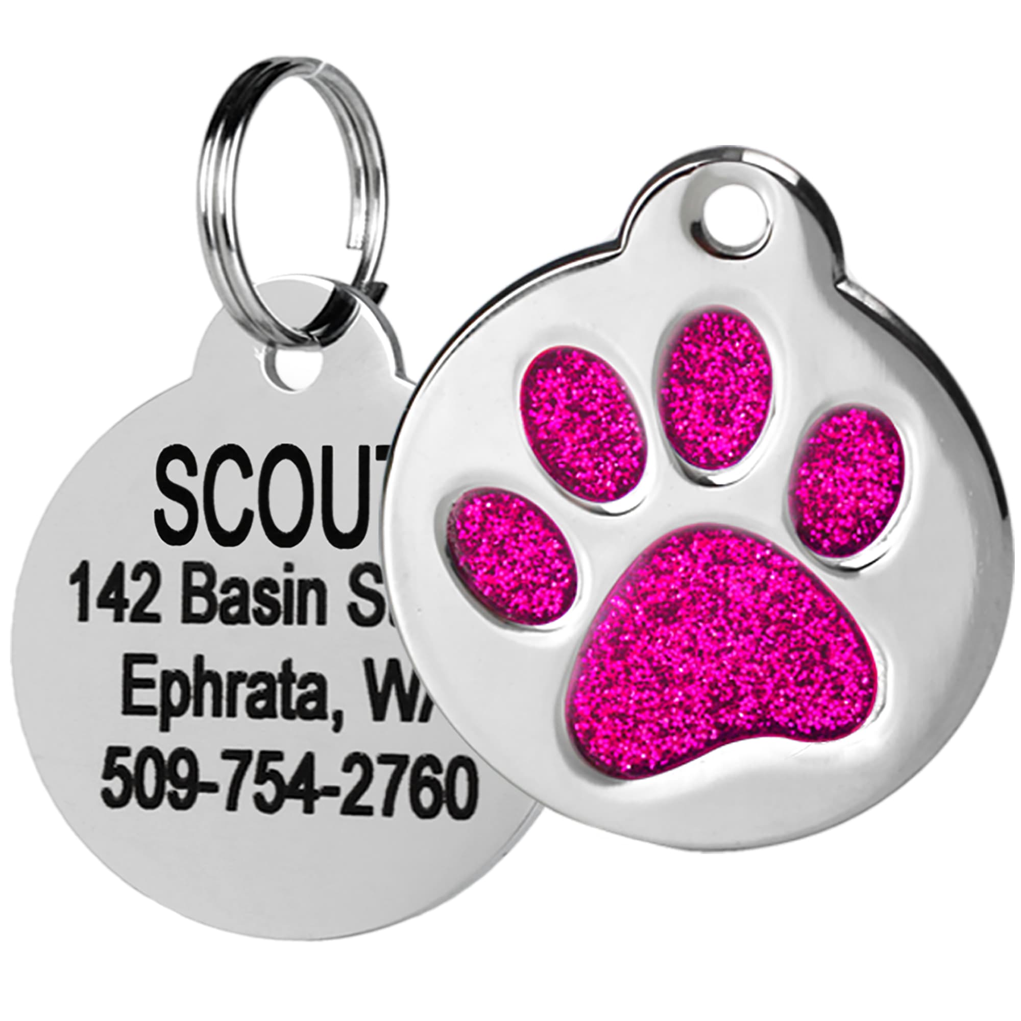 GoTags Personalized Glitter Paw Print Stainless Steel Round Pet ID Tag for Dogs and Cats Purple Medium Petco