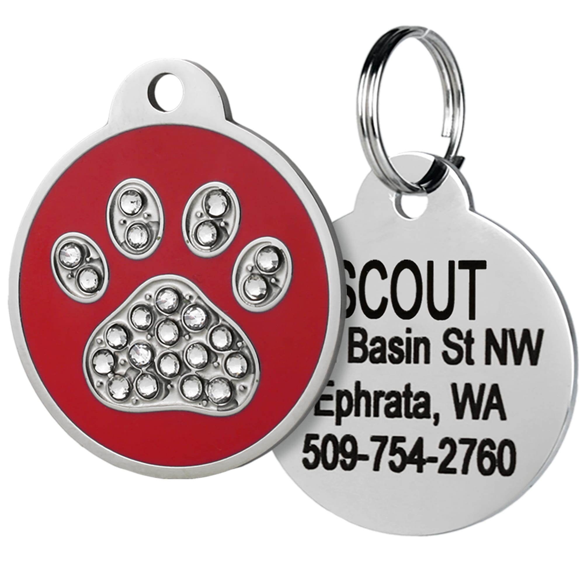 GoTags Paw Print Stainless Steel Pet ID Tags with Swarovski Crystals for Dogs and Cats Red Small