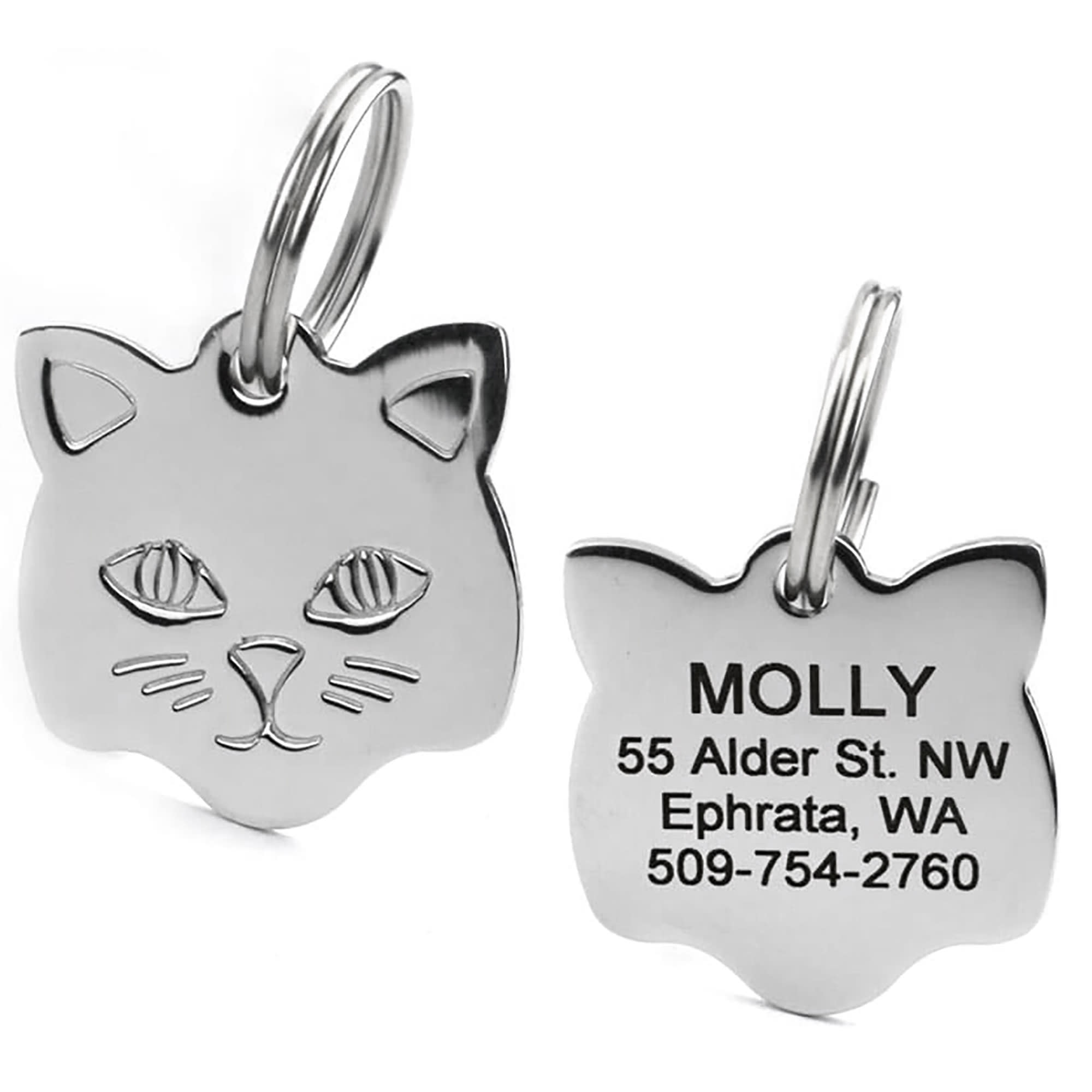 KEEP YOUR PET SAFE DEEP ENGRAVING by BowWowMeow Engraved Cat Tag Aluminium Cat Face Lightweight and Durable Aluminium Tags Small Red Cat Face 5 YEAR GUARANTEE Personalised Engraving
