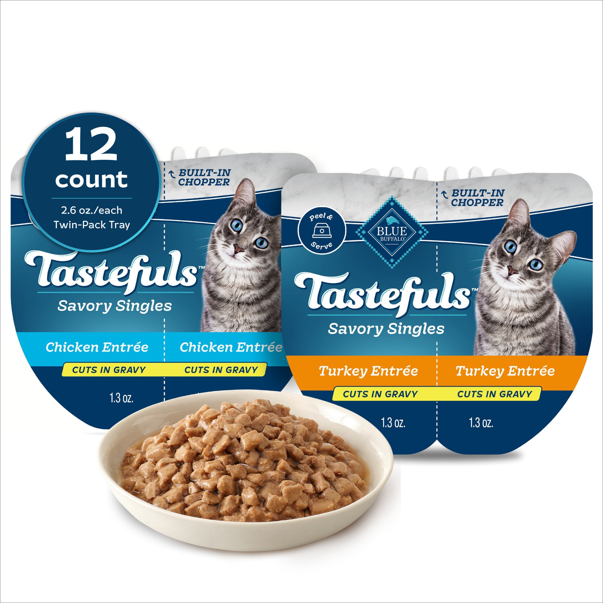 Blue Buffalo Blue Tastefuls Savory Singles Chicken Turkey Entree Cuts in Gravy Wet Cat Food Variety Pack 2.6 oz. Count of 12