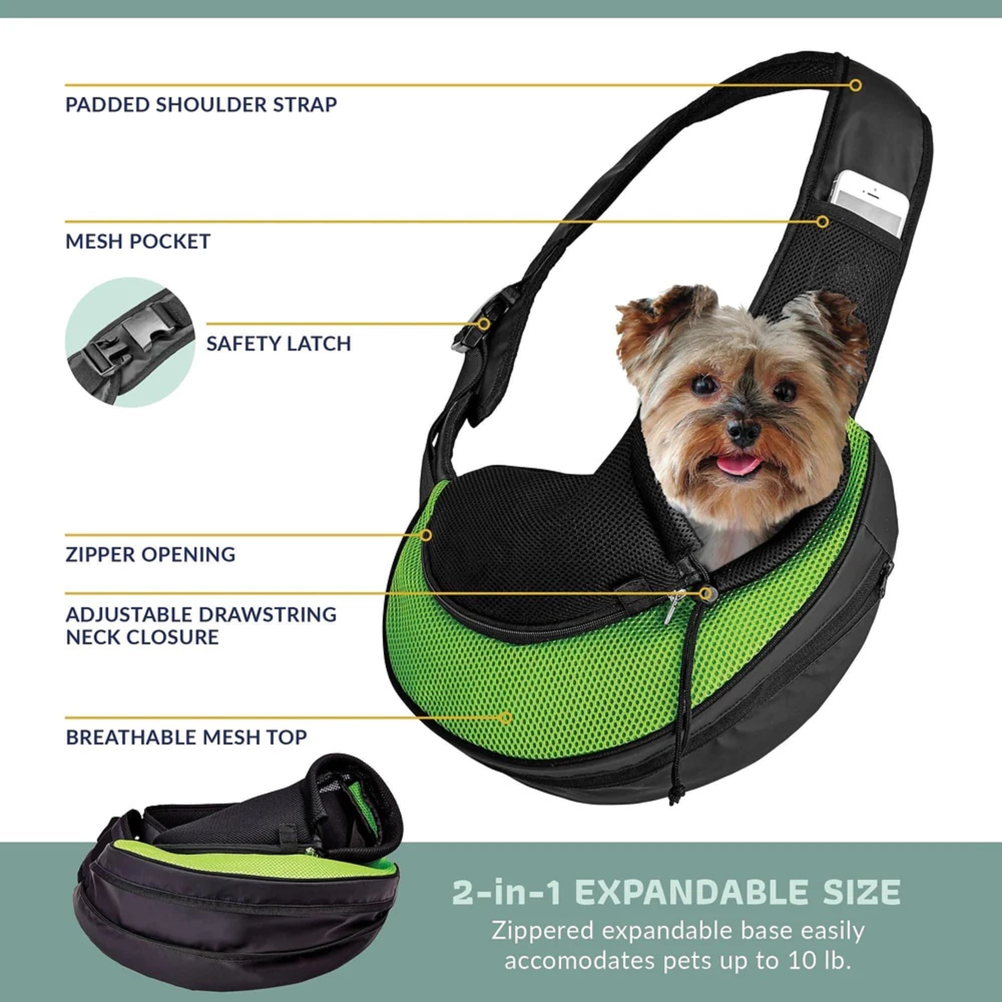 Katziela Small Pet Sling Carrier Expandable Secure Green from Petco