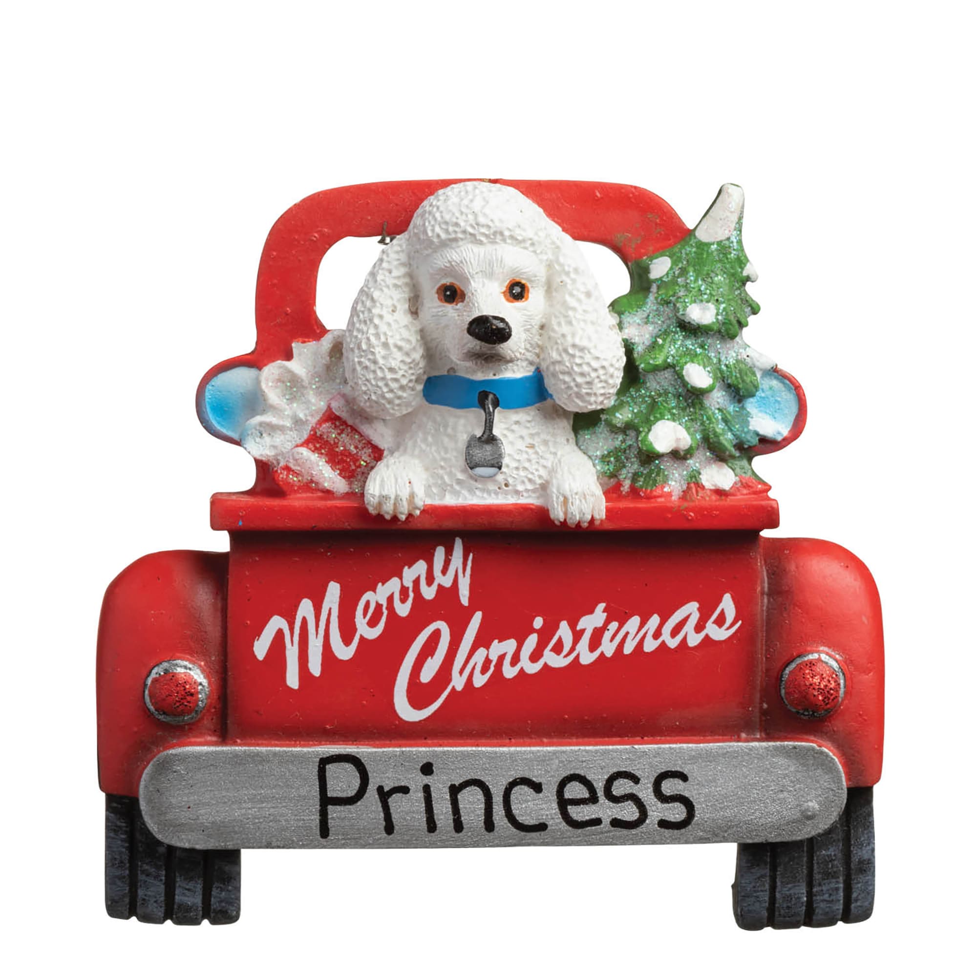 Custom Personalization Solutions White Poodle Dog Riding in Vintage Red  Pickup Truck Personalized Christmas Tree Ornament