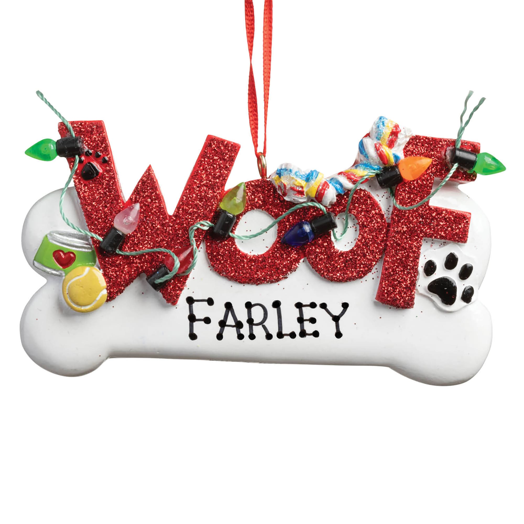 Personalized Woof Dog Bone Christmas Tree Ornament