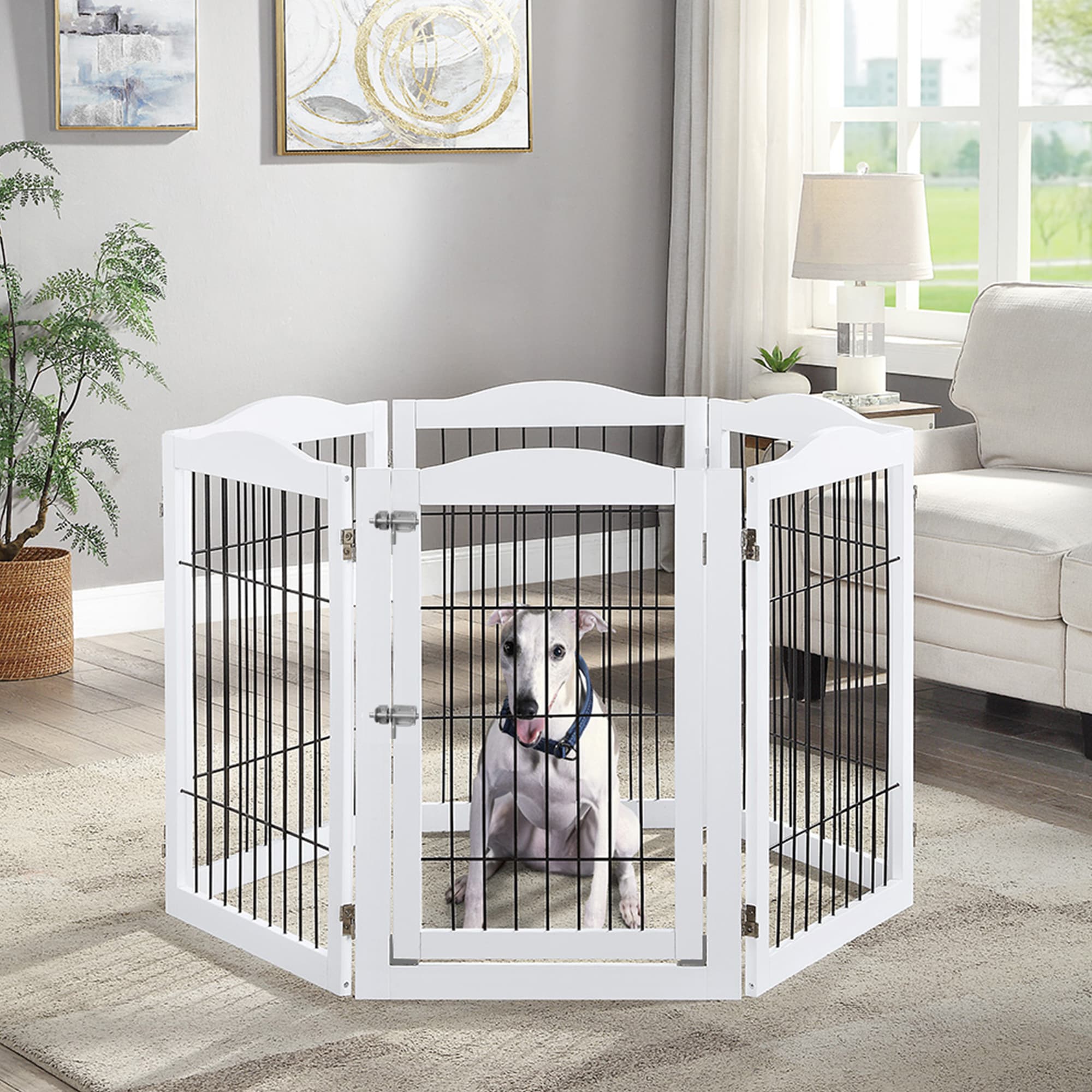 UniPaws White 6 Panel Playpen Extra Wide Dog Gate 132 L X 0.8 W X 31.5 H