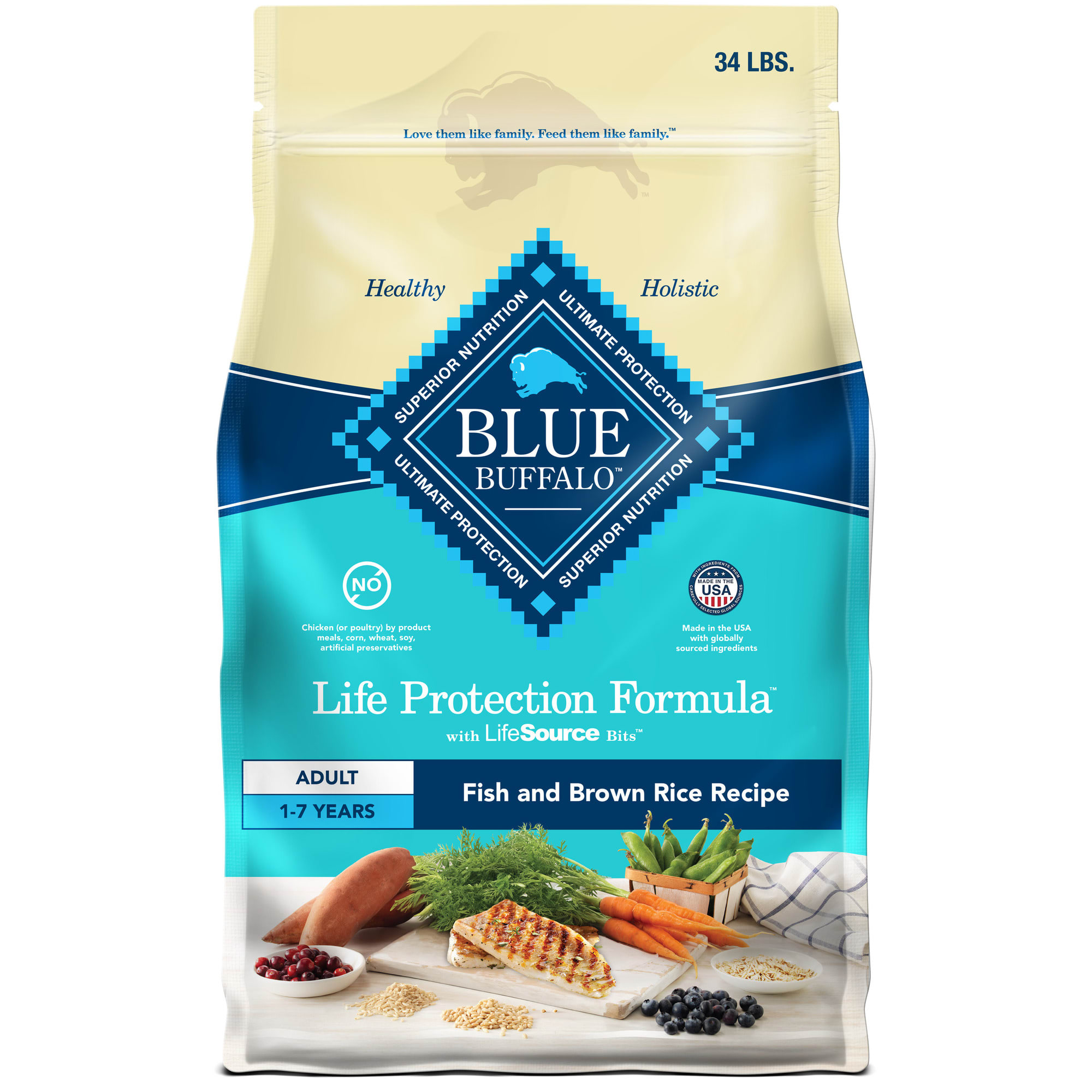 Blue Buffalo Blue Life Protection Formula Natural Fish and Brown Rice Adult Dry Dog Food 34 lbs