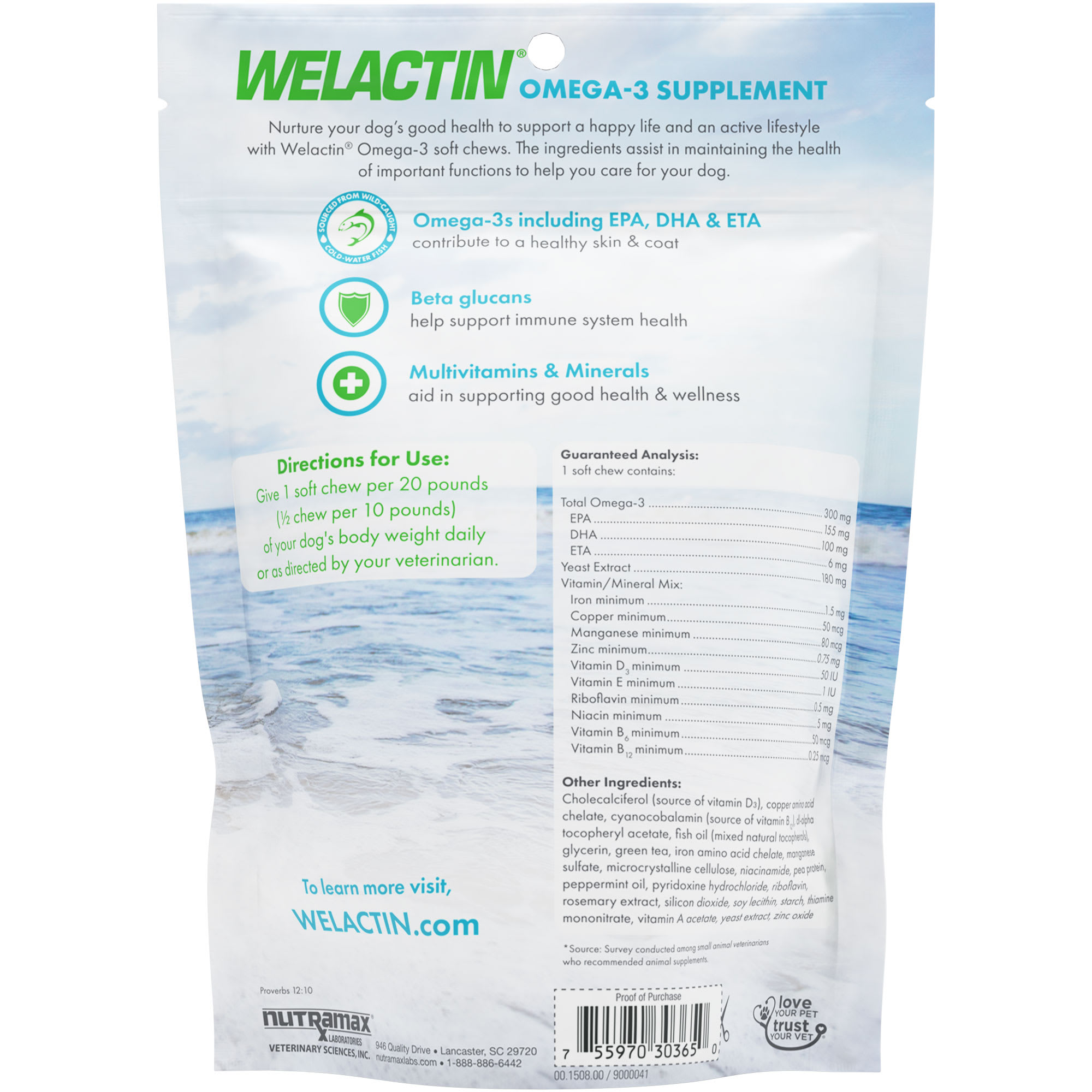 NUTRAMAX WELACTIN Daily Omega 3 Supplement For Dogs Skin