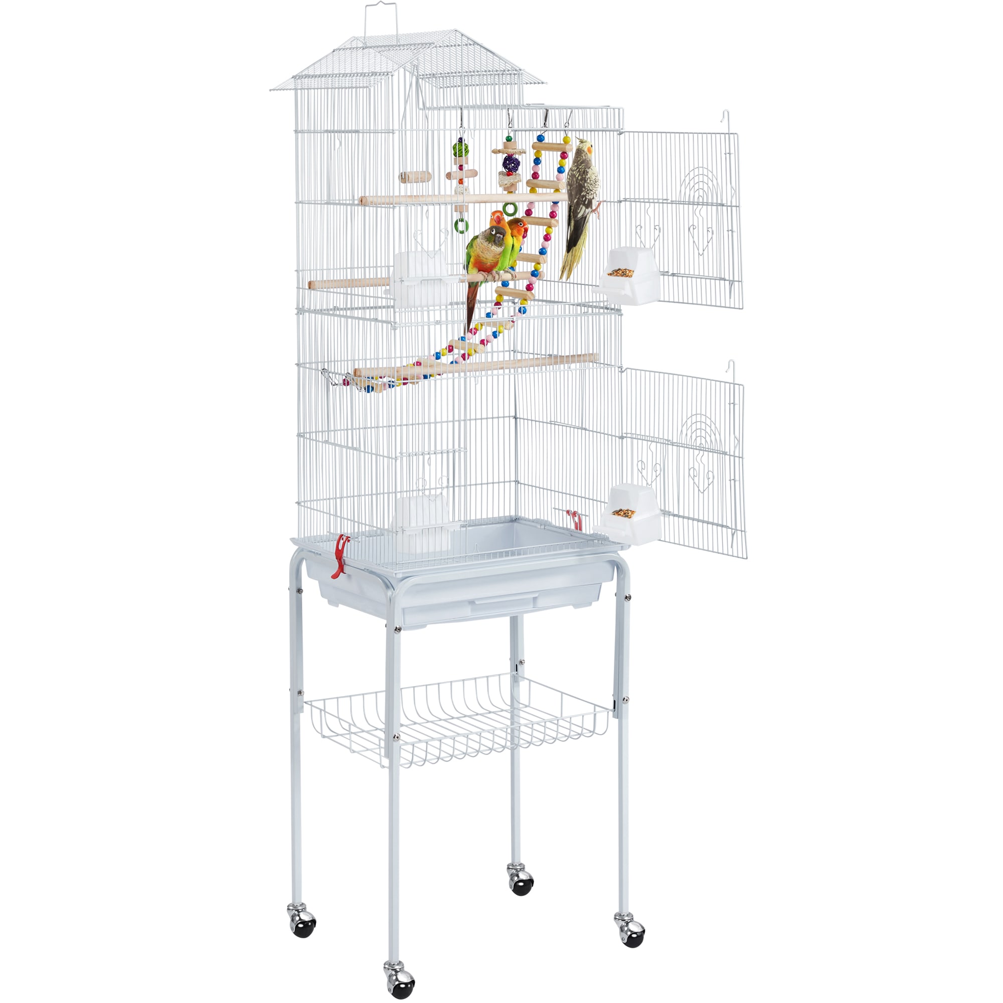 Topeakmart White Bird Cage with Ladder & Rolling Stand 62.4" H