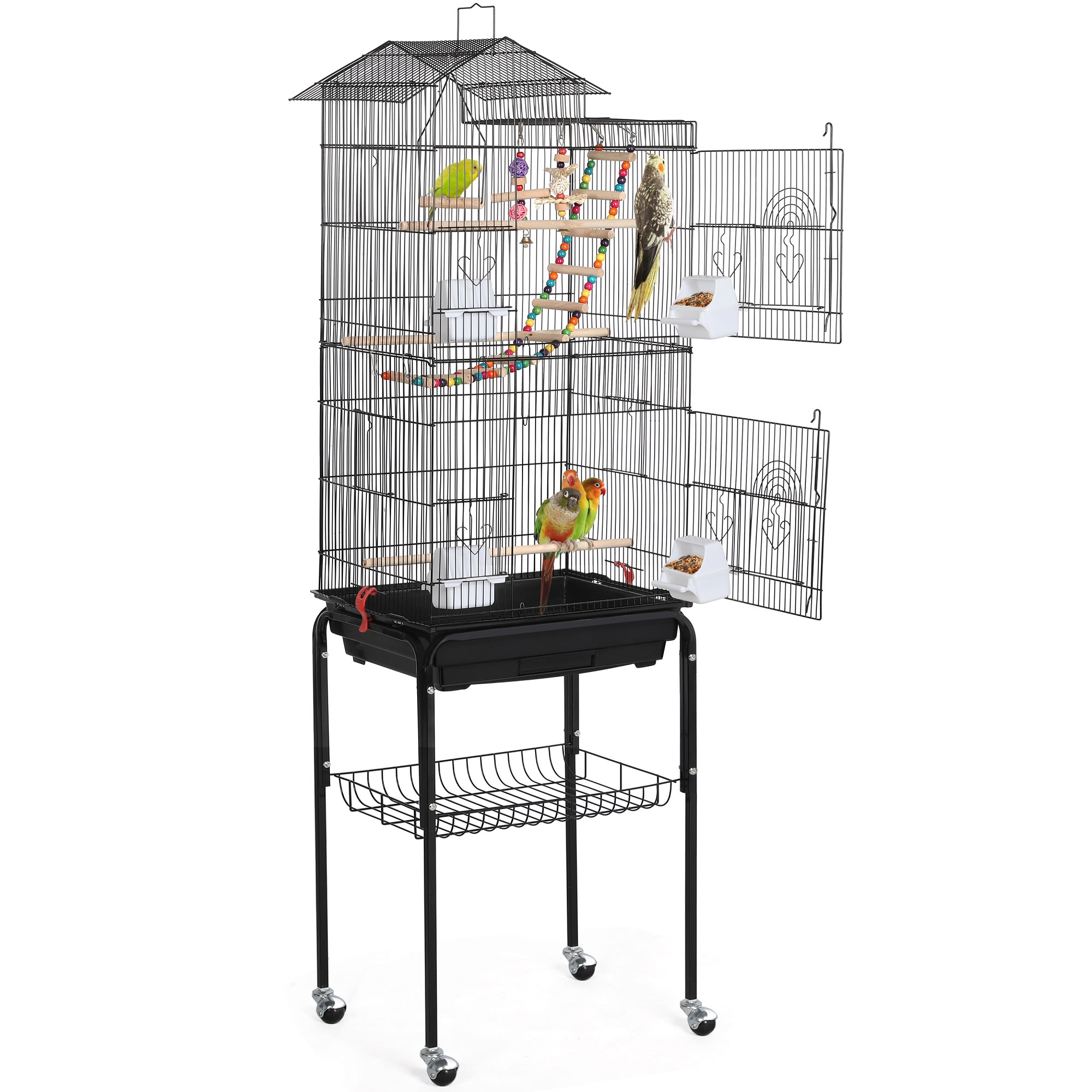 Topeakmart Black Metal Bird Cage with Ladder Toy and Rolling Detachable ...