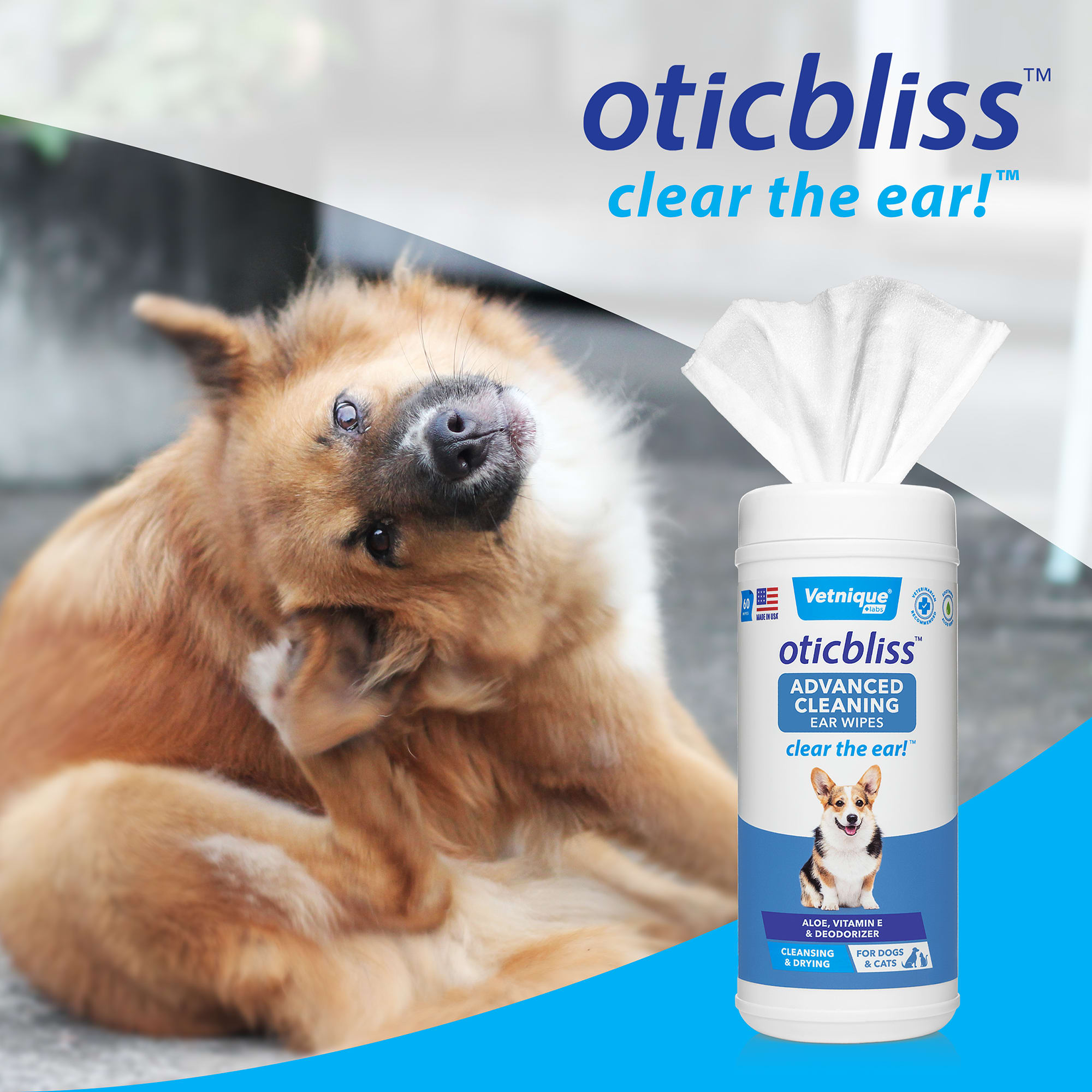 Vetnique Labs Oticbliss 60 Count Advanced Cleaning Ear Wipes for Dogs Cats