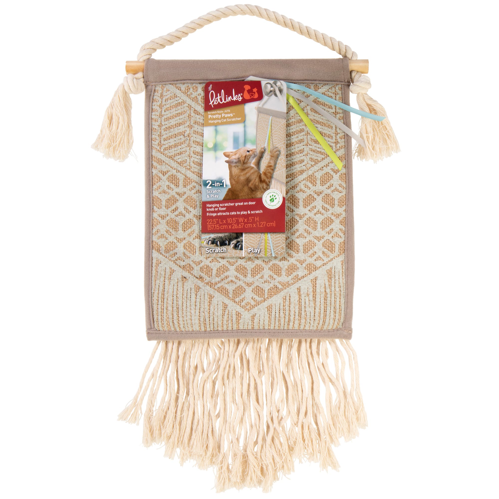 Petlinks Rowdy Rug Jute Scratch Mat with Feather Cat Toy & Playful Fringe,  20 L X 0.5 W X 14 H