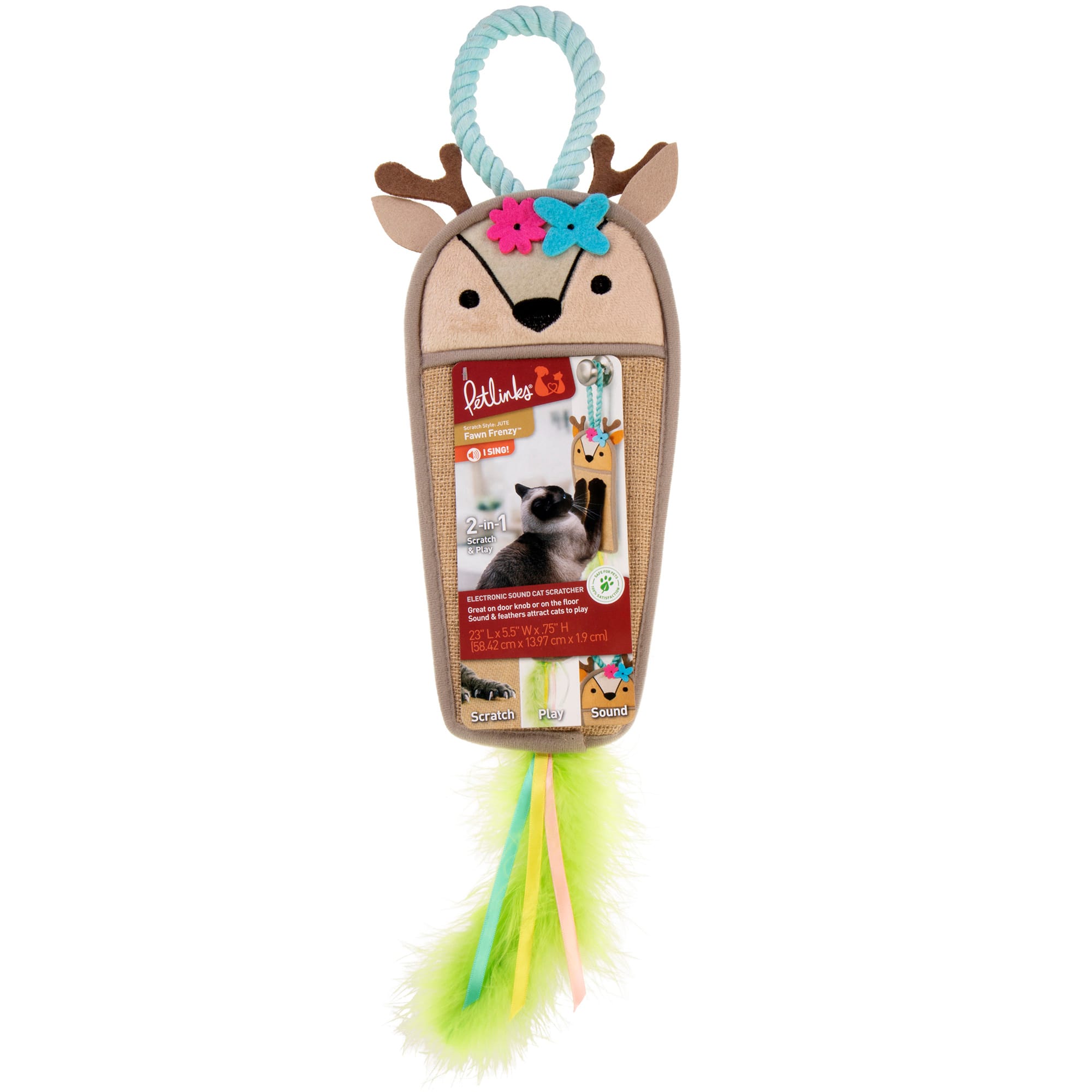 Petlinks Fawn Frenzy Hanging Jute Cat Scratcher & Plush Fawn Electronic Sound Toy, 0.75" L X 23