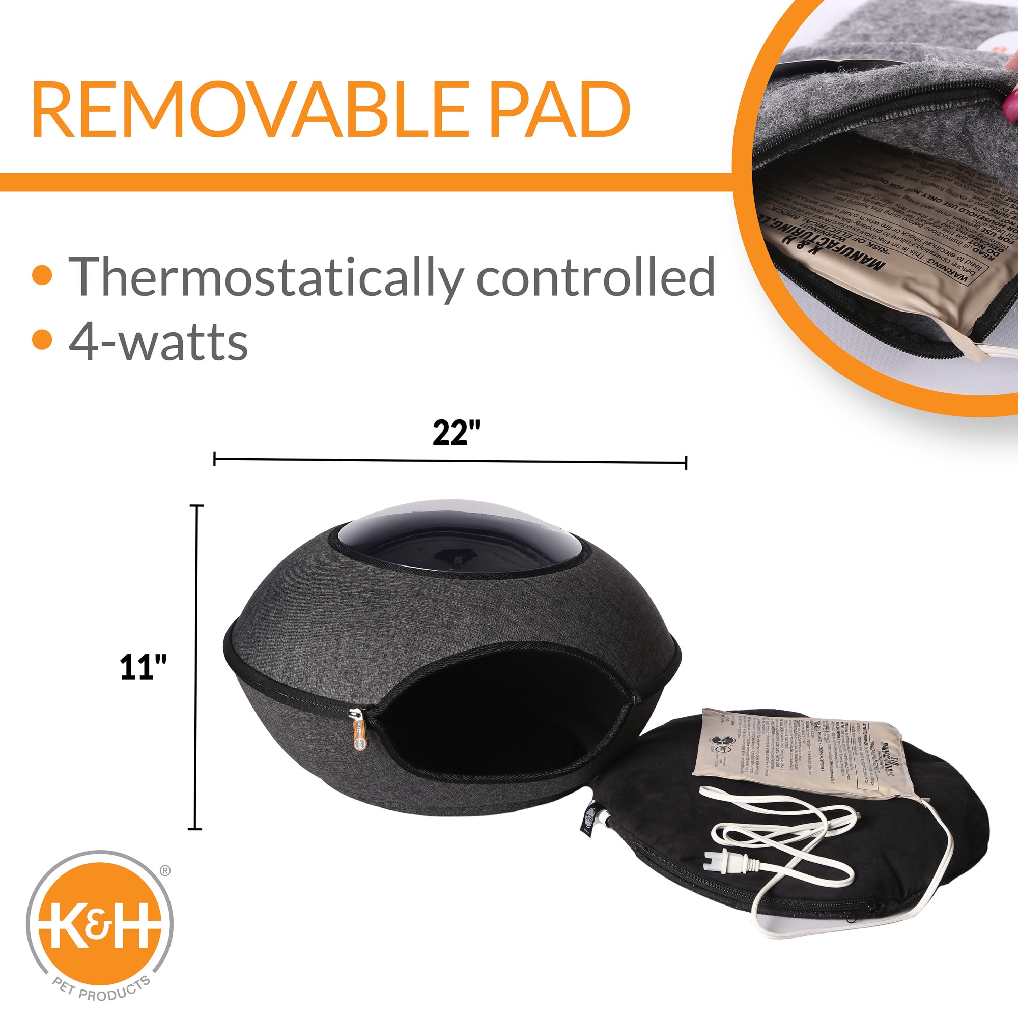 K&H Classy Gray Thermo Lookout Pod Heated Cat Bed, 22