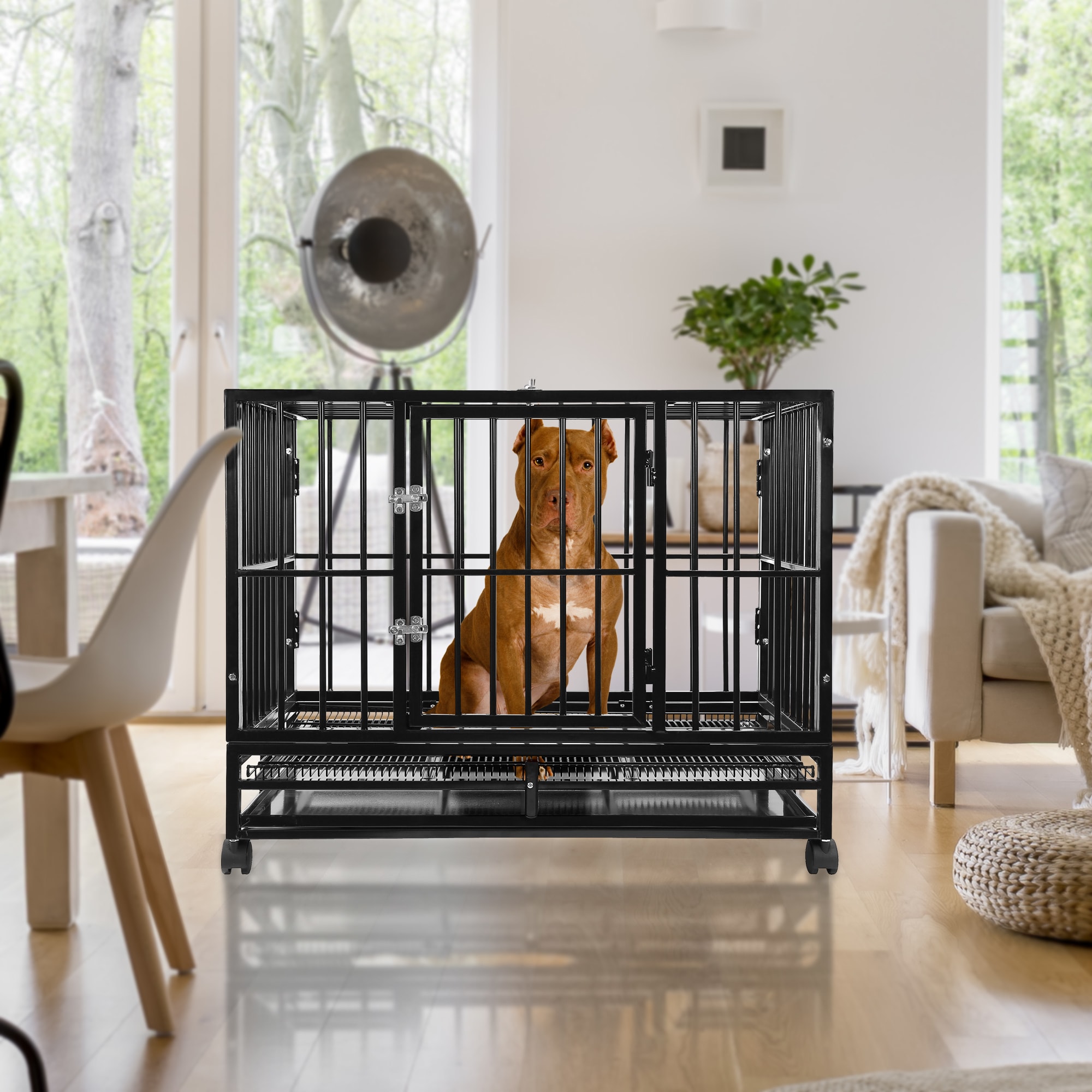SmithBuilt Black Heavy Duty Steel Dog Cage with Tray, 42" L X 30" W X