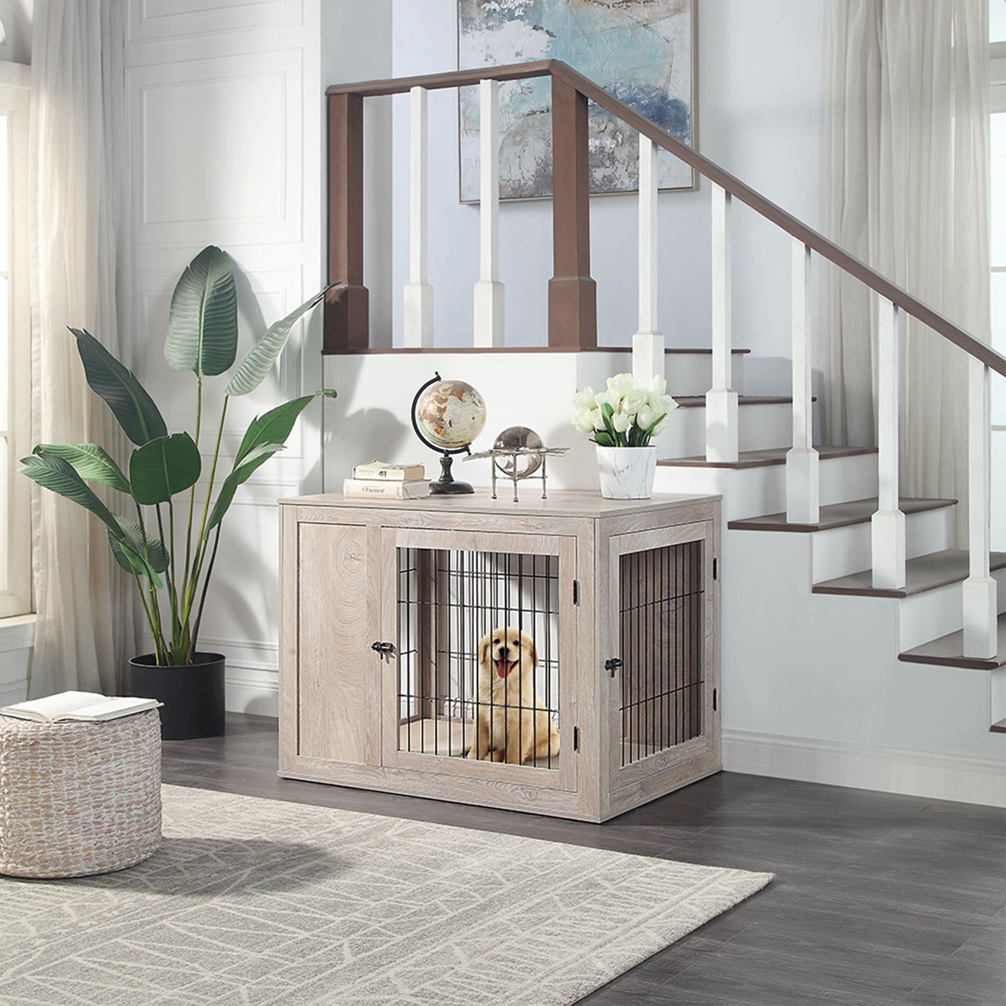 UniPaws Weathered Grey Wooden End Table Dog Crate, 40.9" L X 28.3" W X