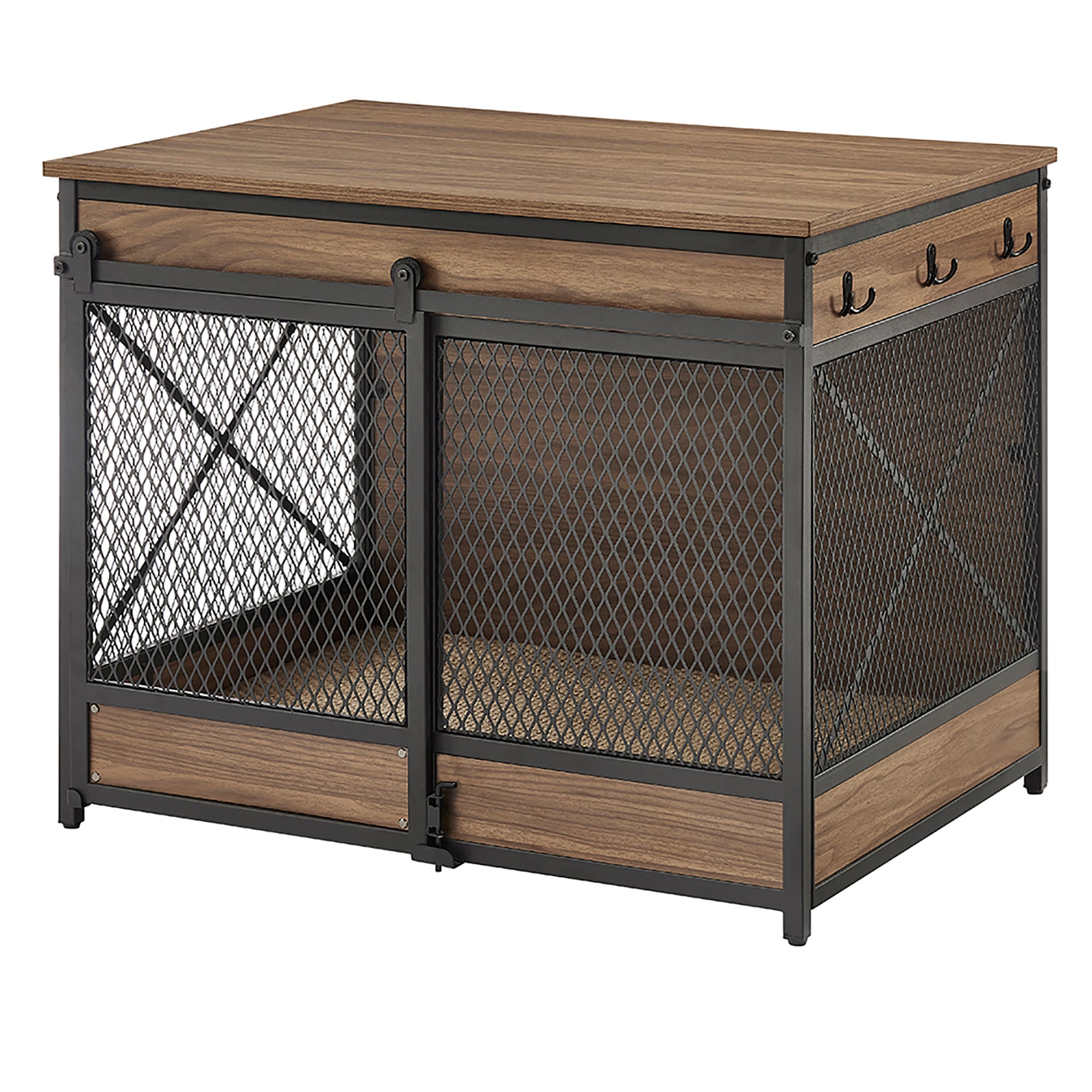 UniPaws Walnut Dog Crate with Cushion and Hooks 31.5