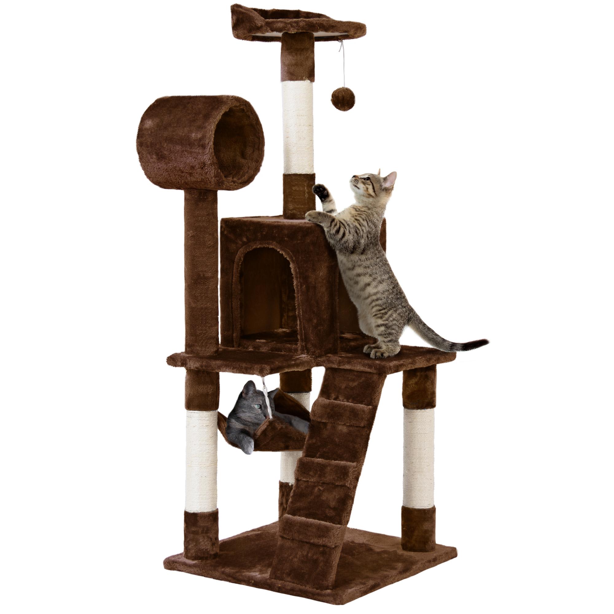 Topeakmart Brown Plush Cat Tree Condo with Hammock Tunnel, 51