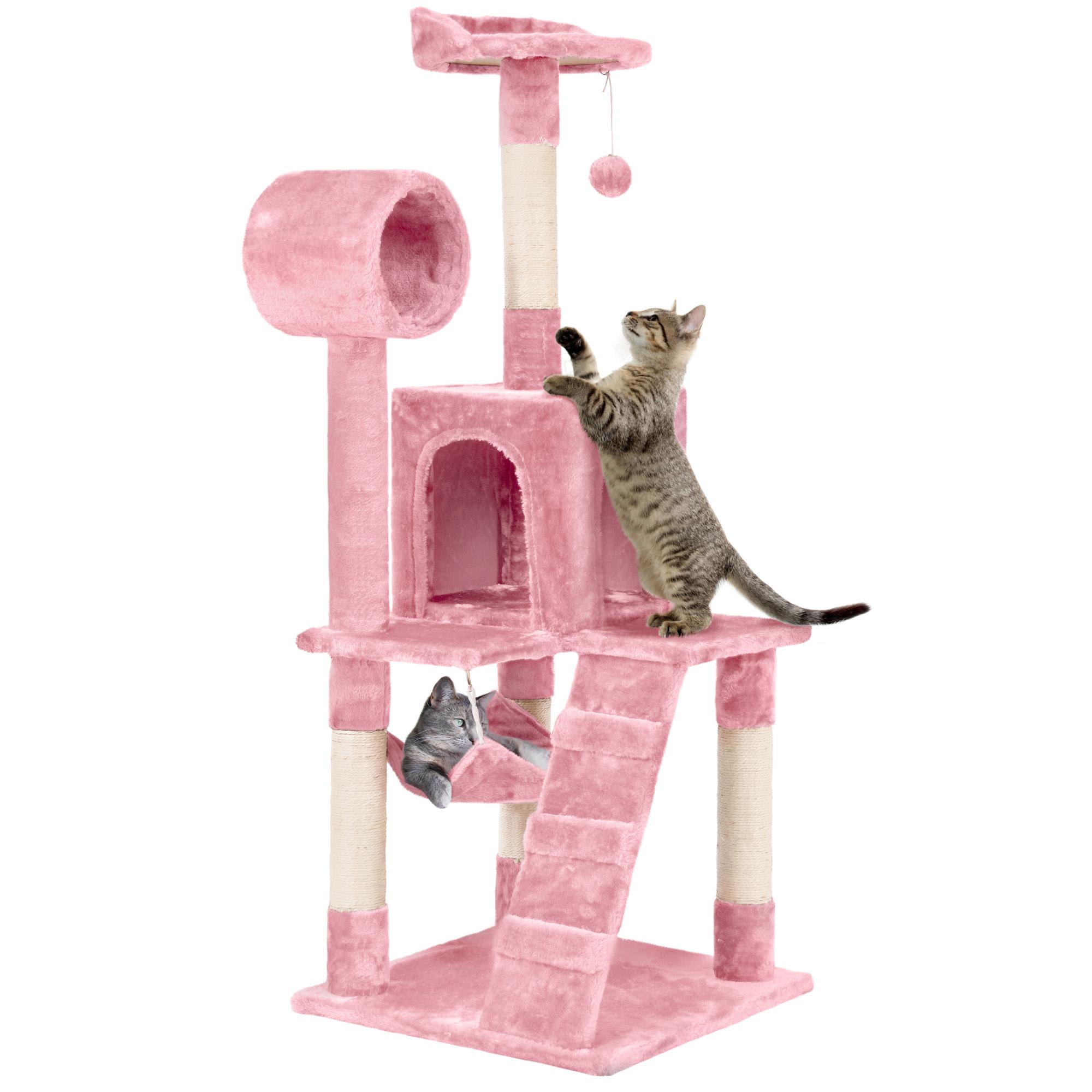 Topeakmart Pink Plush Cat Tree Condo with Hammock Tunnel, 51