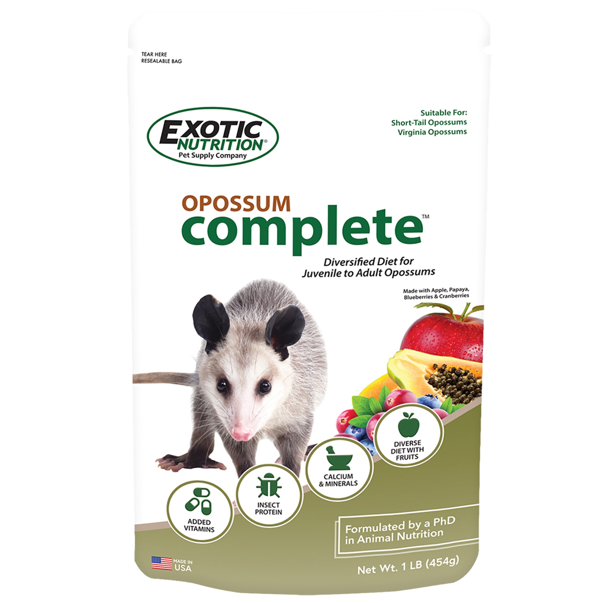 Exotic Nutrition Opossum Complete Food with Fruits & Protein 1 lb