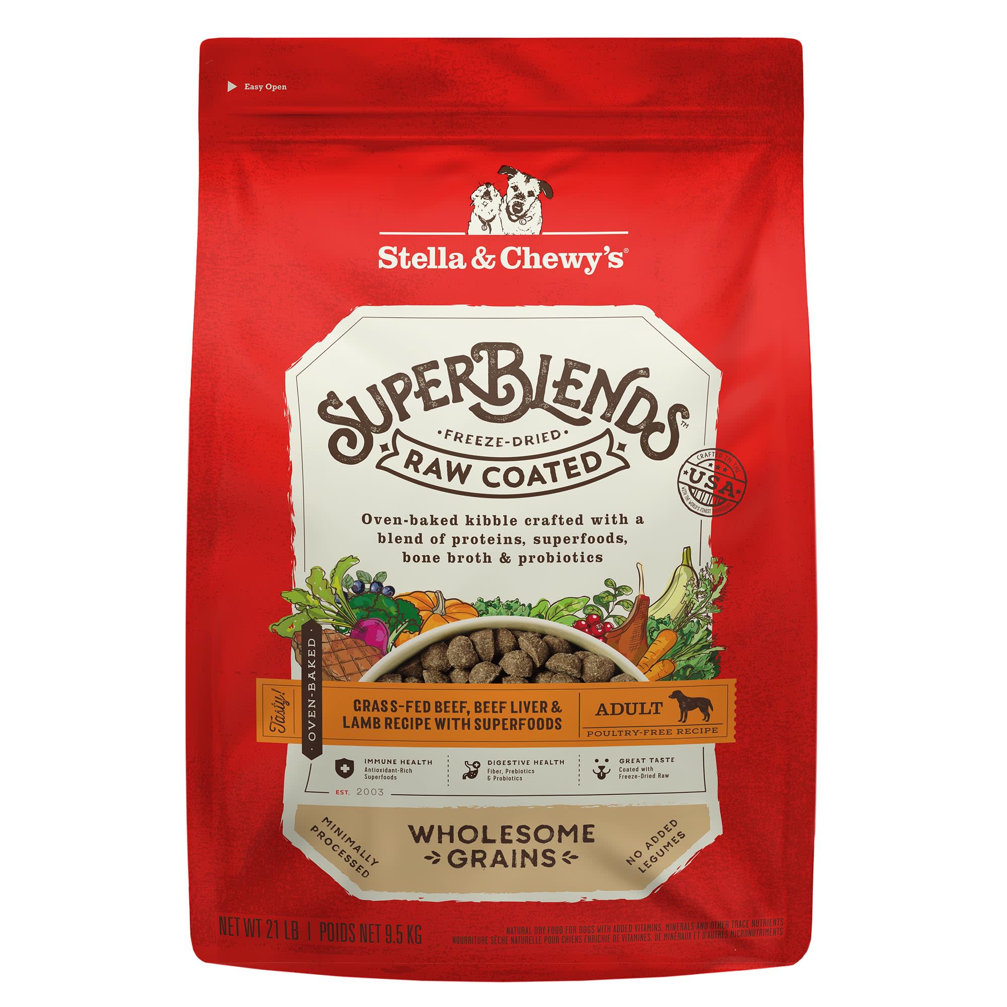 Stella & Chewy's SuperBlends Raw Coated Wholesome Grains Grass-Fed Beef,  Beef Liver & Lamb Recipe Dry Dog Food, 21 lbs.