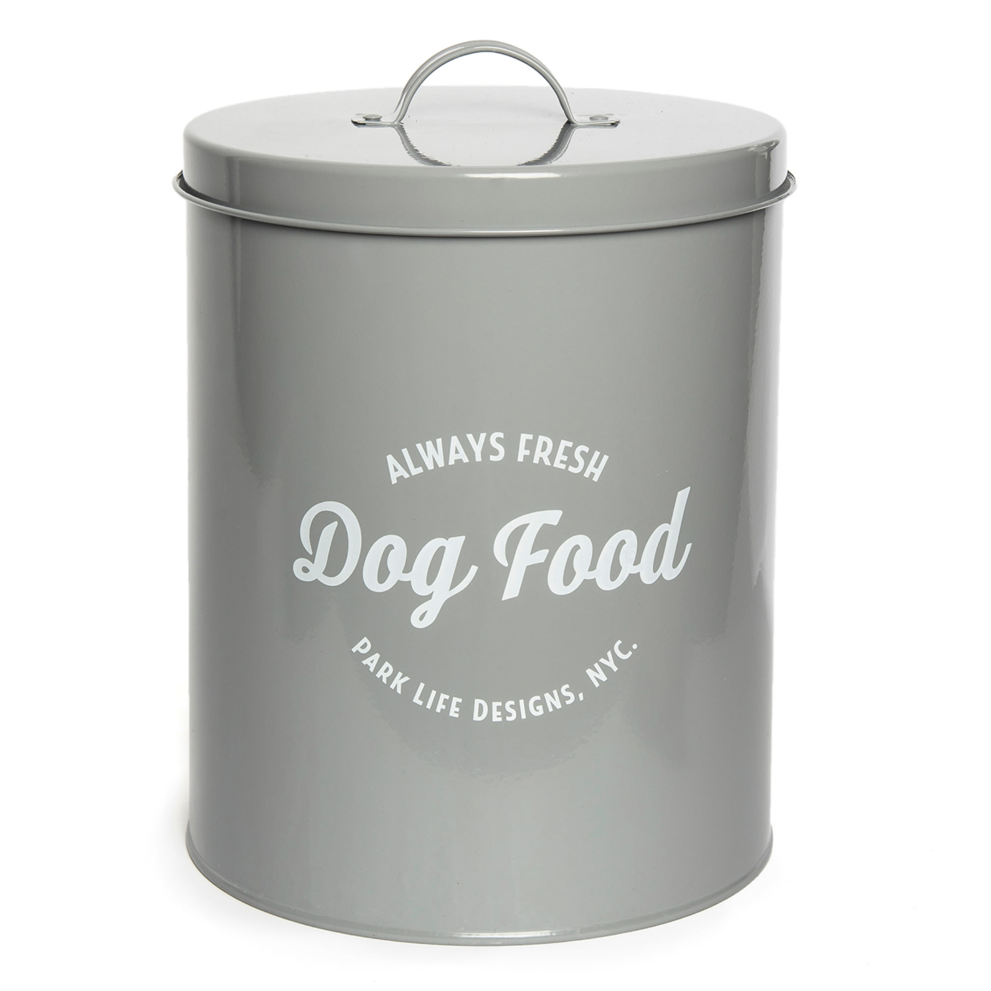 Grey dog shop food storage tin