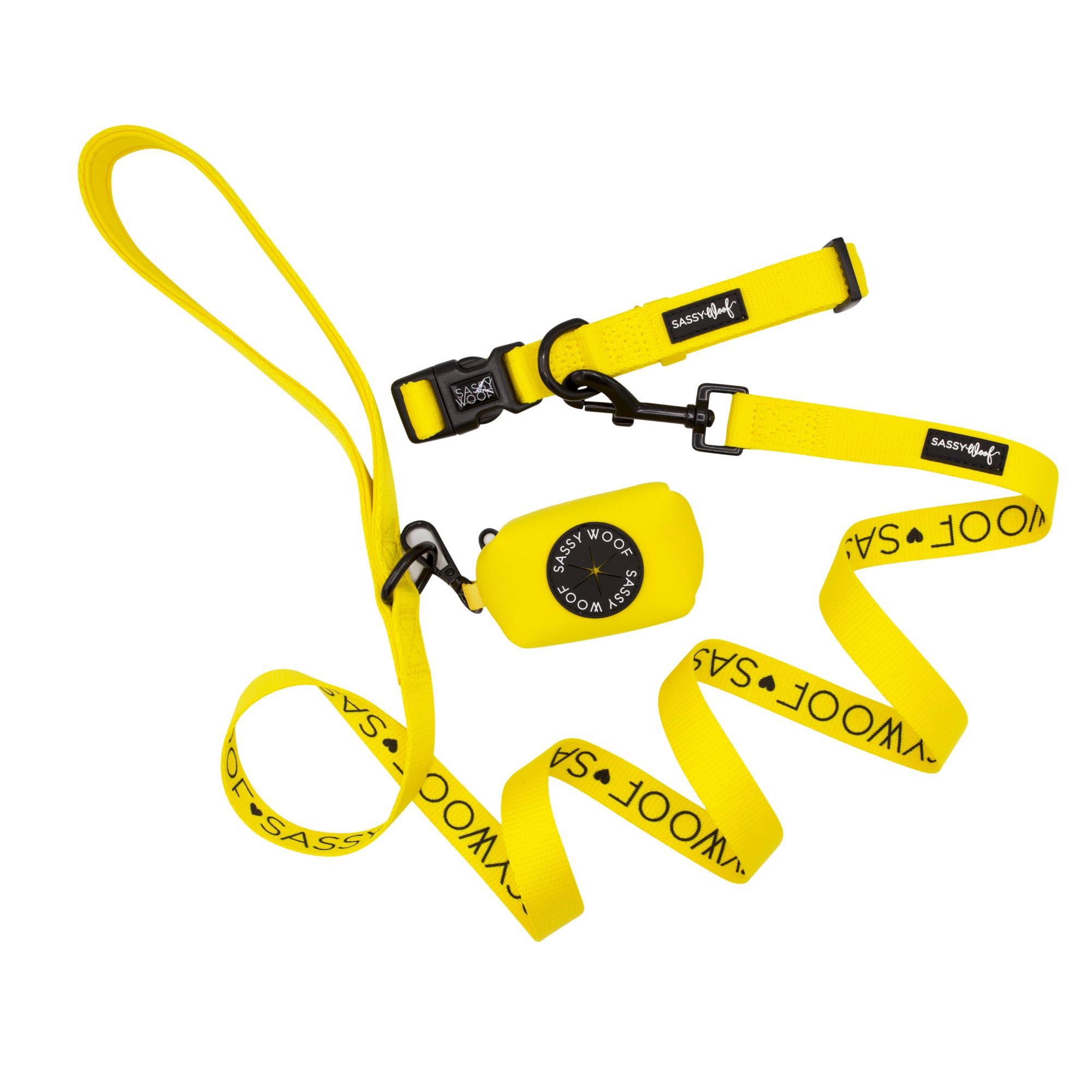 Sassy Woof Neon Yellow Dog Collar, Leash & Bag Set