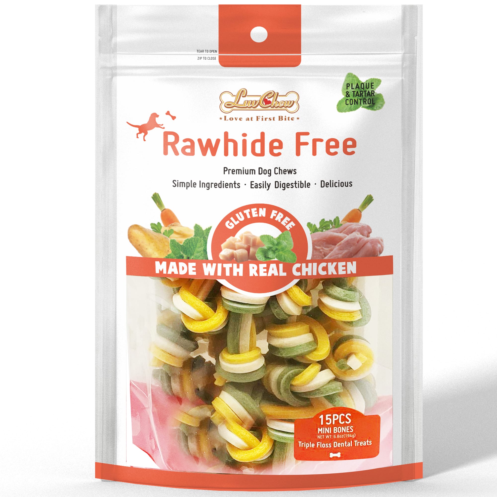 LuvChew Chicken & Veggie Dental Dog Treats, RawhideFree