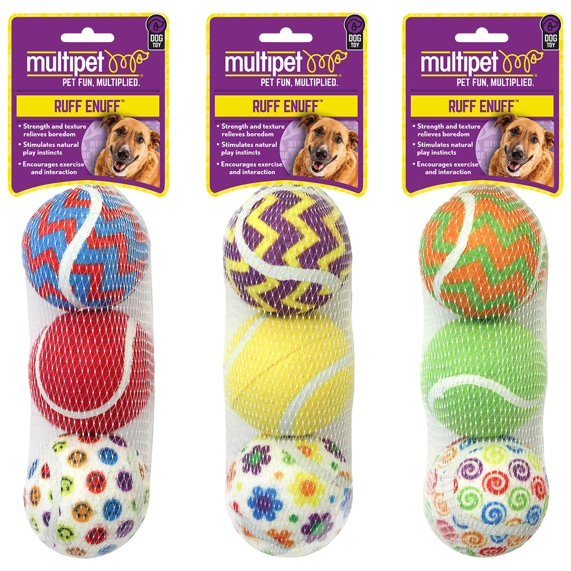 Multipet Fun Patterned Tennis Balls Assorted Dog Toys, Medium, Pack of