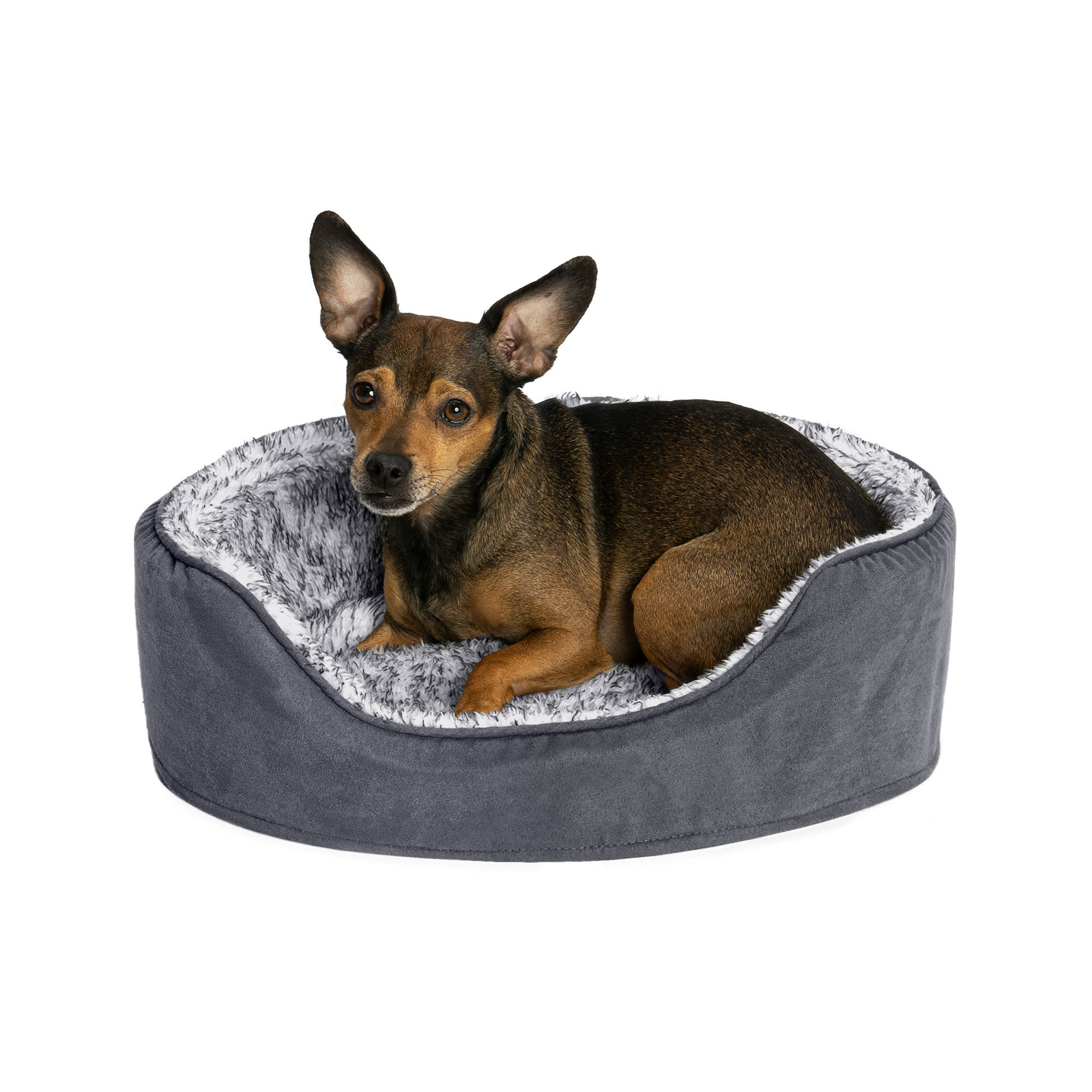 FurHaven Two-Tone Faux Fur & Suede Oval Lounger with Cover, Small