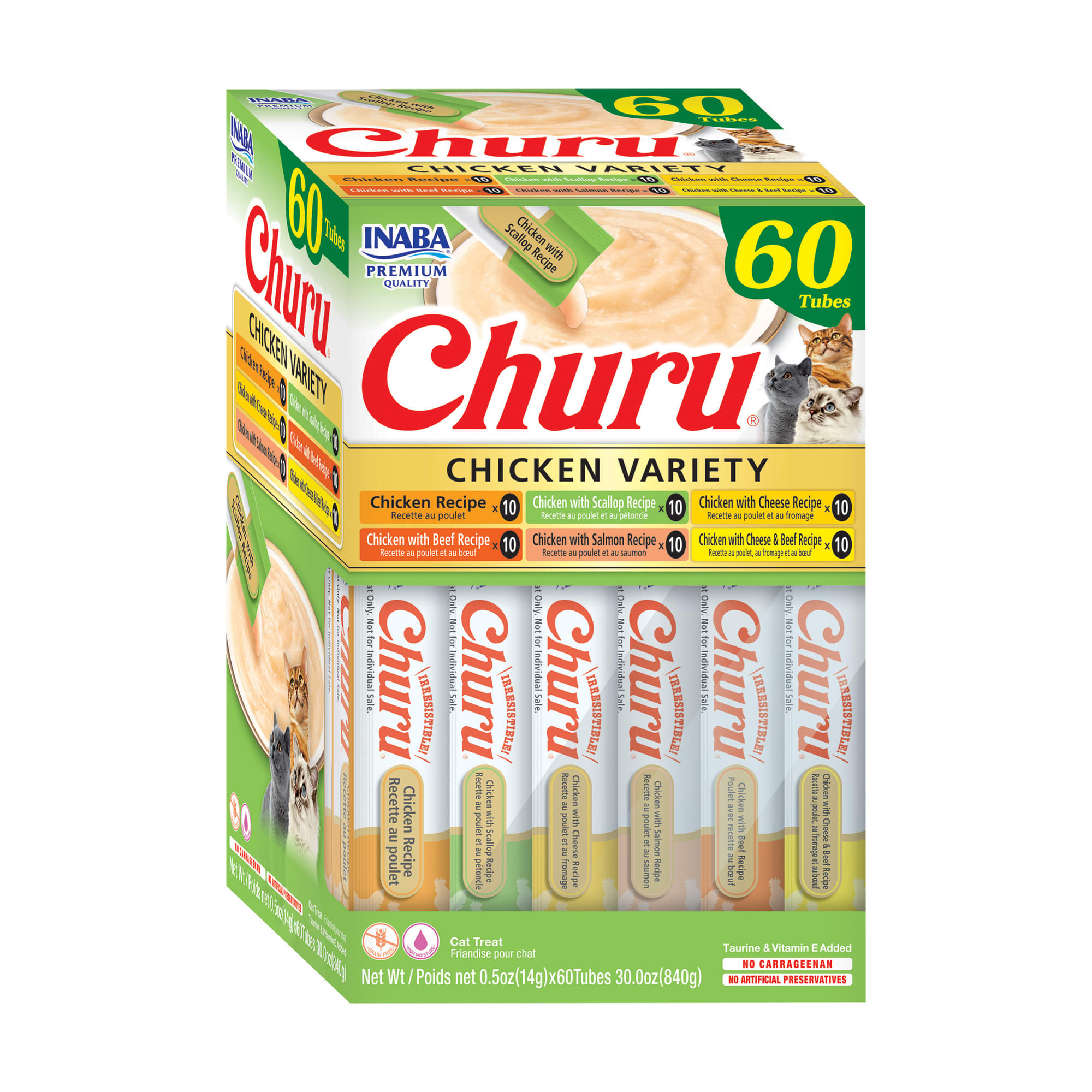 Inaba Churu Variety Box Chicken Scallop Cheese Beef and Salmon Cat Treats 30 oz. Count of 60 Petco