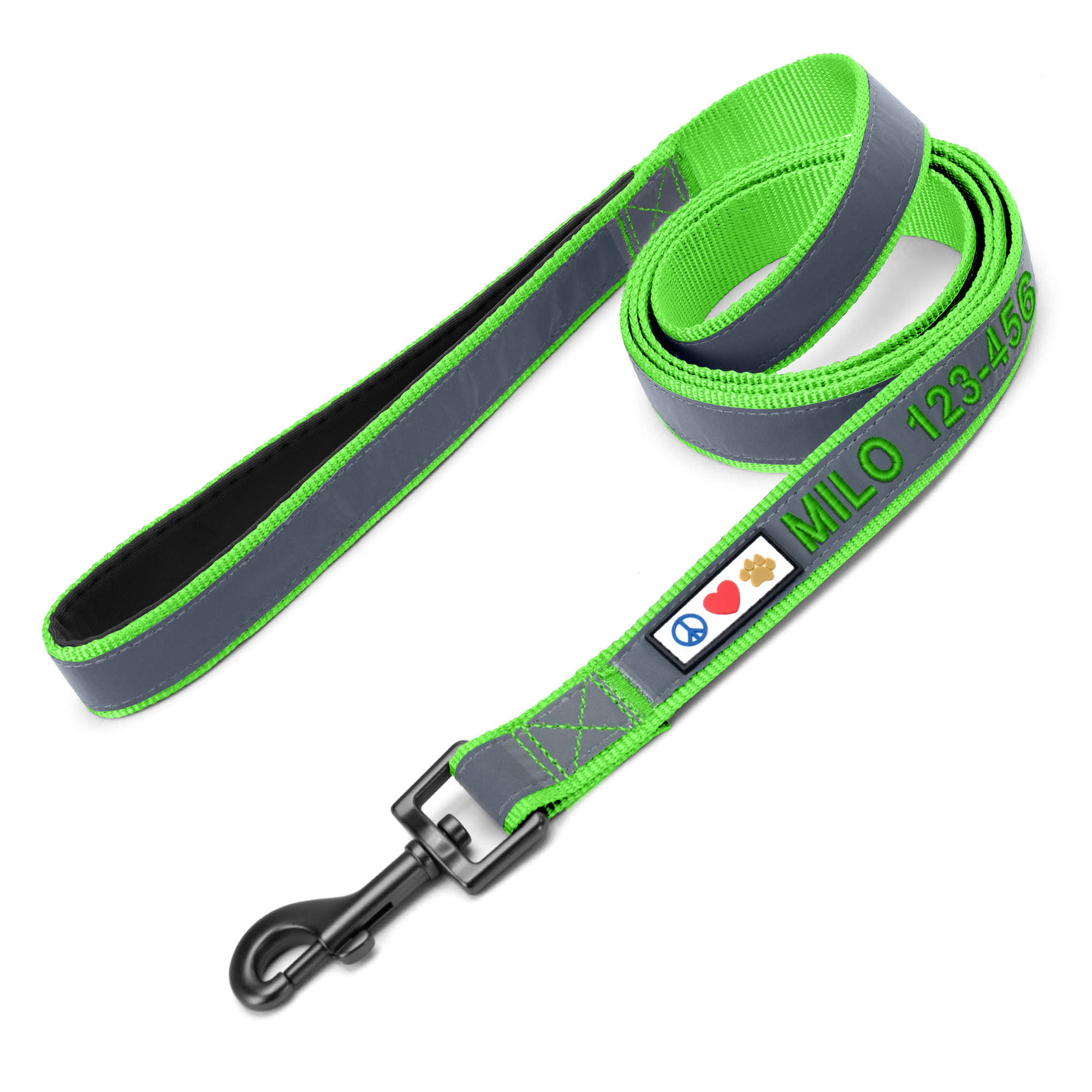 Pawtitas Green Personalized Reflective Padded Dog Leash, 6 ft., Small ...