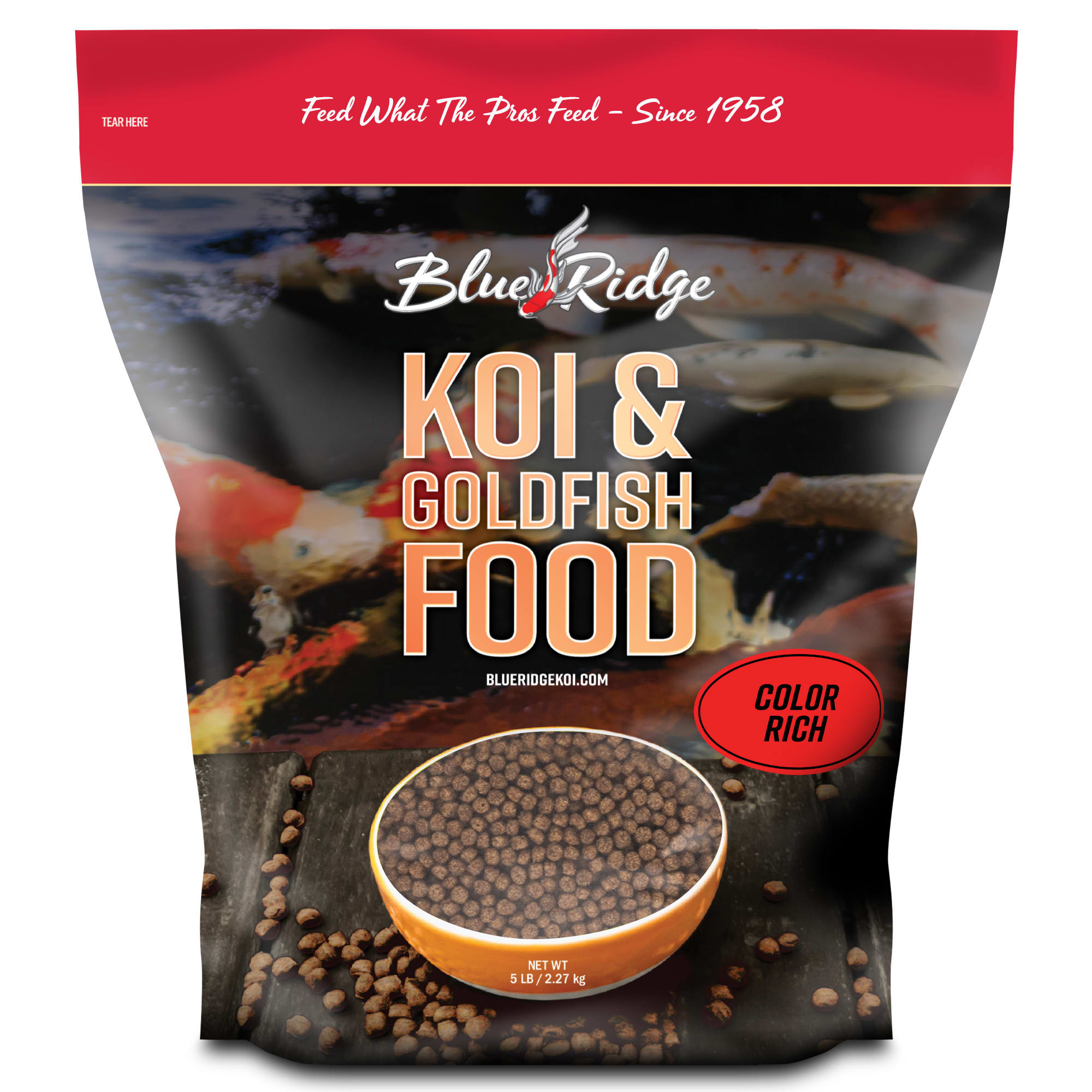 Blue Ridge Fish Hatchery Koi Goldfish Food 3 16 Floating Pellet Color Rich Formula 5 lbs