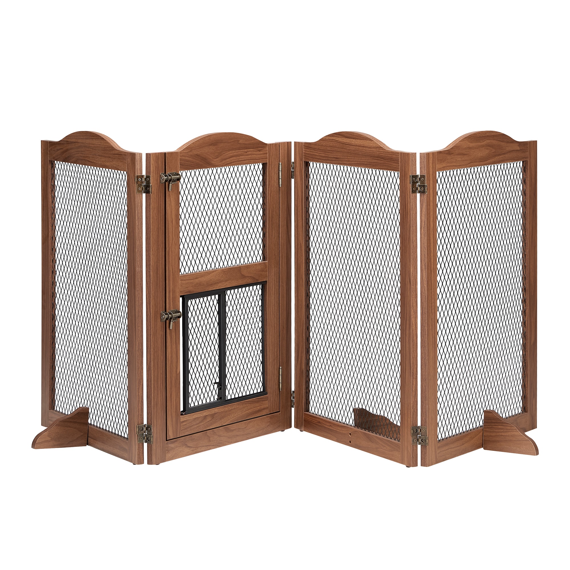 Unipaws 4 Panel Walnut Free Standing Pet Gate with Small Cat Door, 87