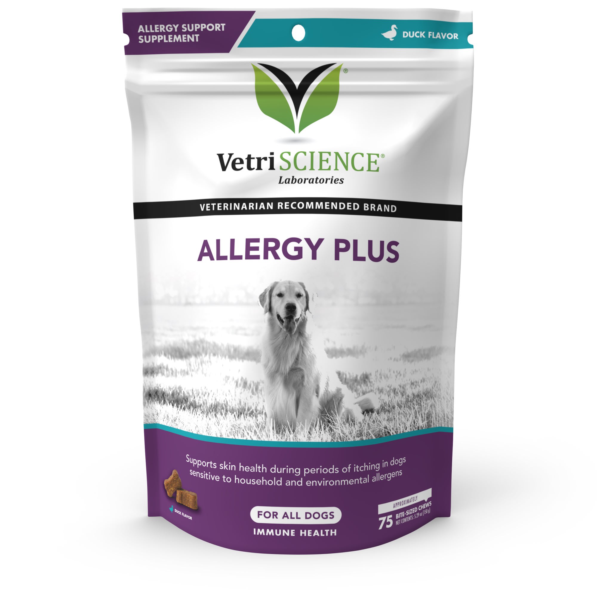 VetriScience Allergy Plus Immune Supplement Duck Flavor Chew for Dogs Count of 75