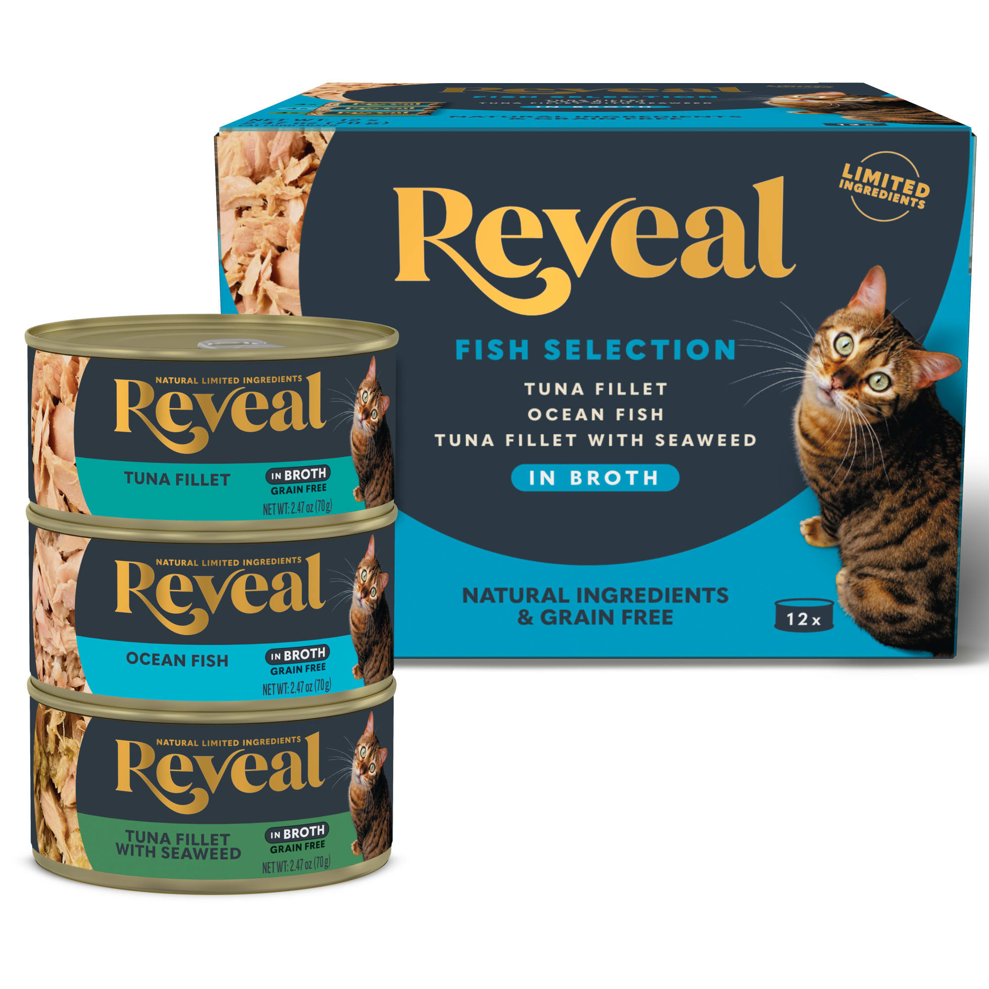 Reveal Limited Ingredient Natural Grain Free Fish Flavors in Broth Wet Cat Food Variety Pack 2.47 oz. Count of 12