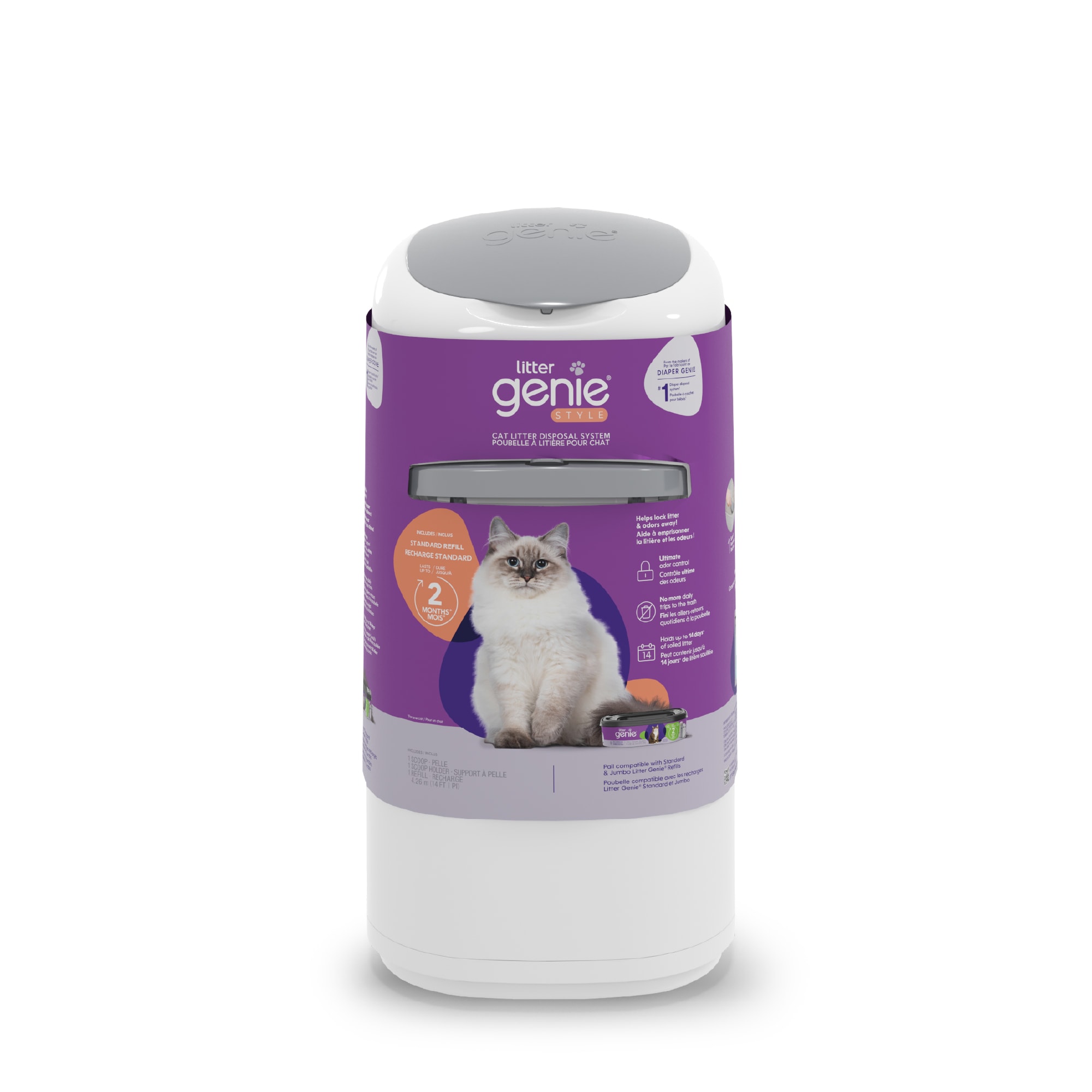 Litter Genie White Style Pail Cat Litter Waste Disposal System for Odor Control with 1 Square Refill Bag