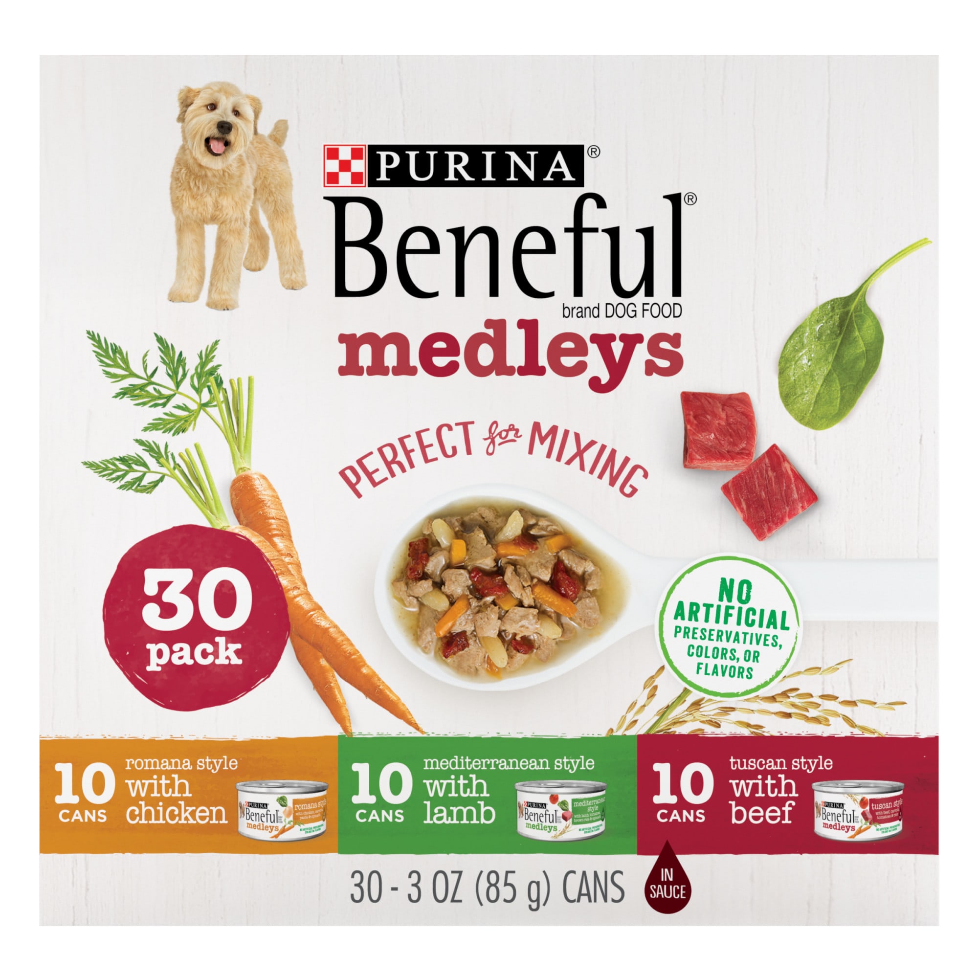 (Best Before: May/2027) Purina Beneful Medley Wet Dog Food for Adult Dogs Variety Pack  Real Chicken  Lamb & Beef  3 oz Cans (30 Pack)