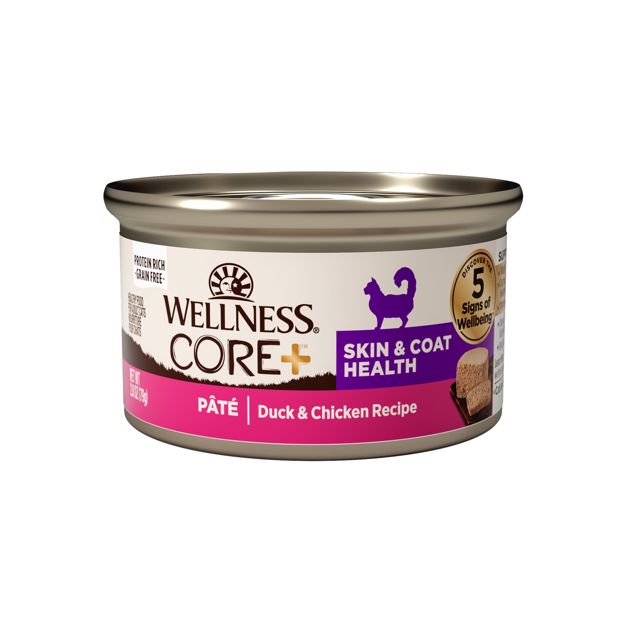 Wellness CORE Skin Coat Natural Grain Free Duck Chicken Pate Canned Wet Cat Food 2.8 oz. Case of 12