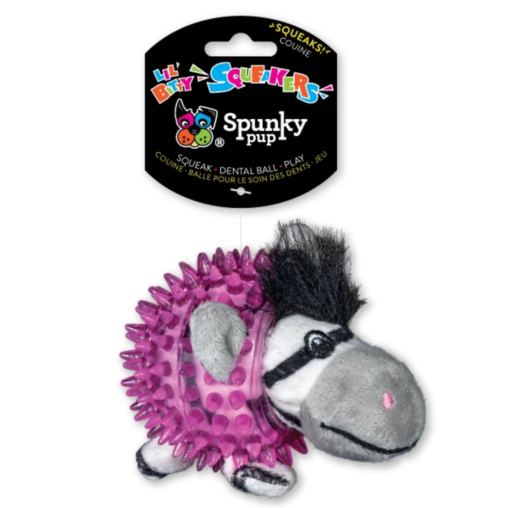 Spunky Pup Lil' Bitty Squeakers, Clear Spiky Squeak Ball Zebra
