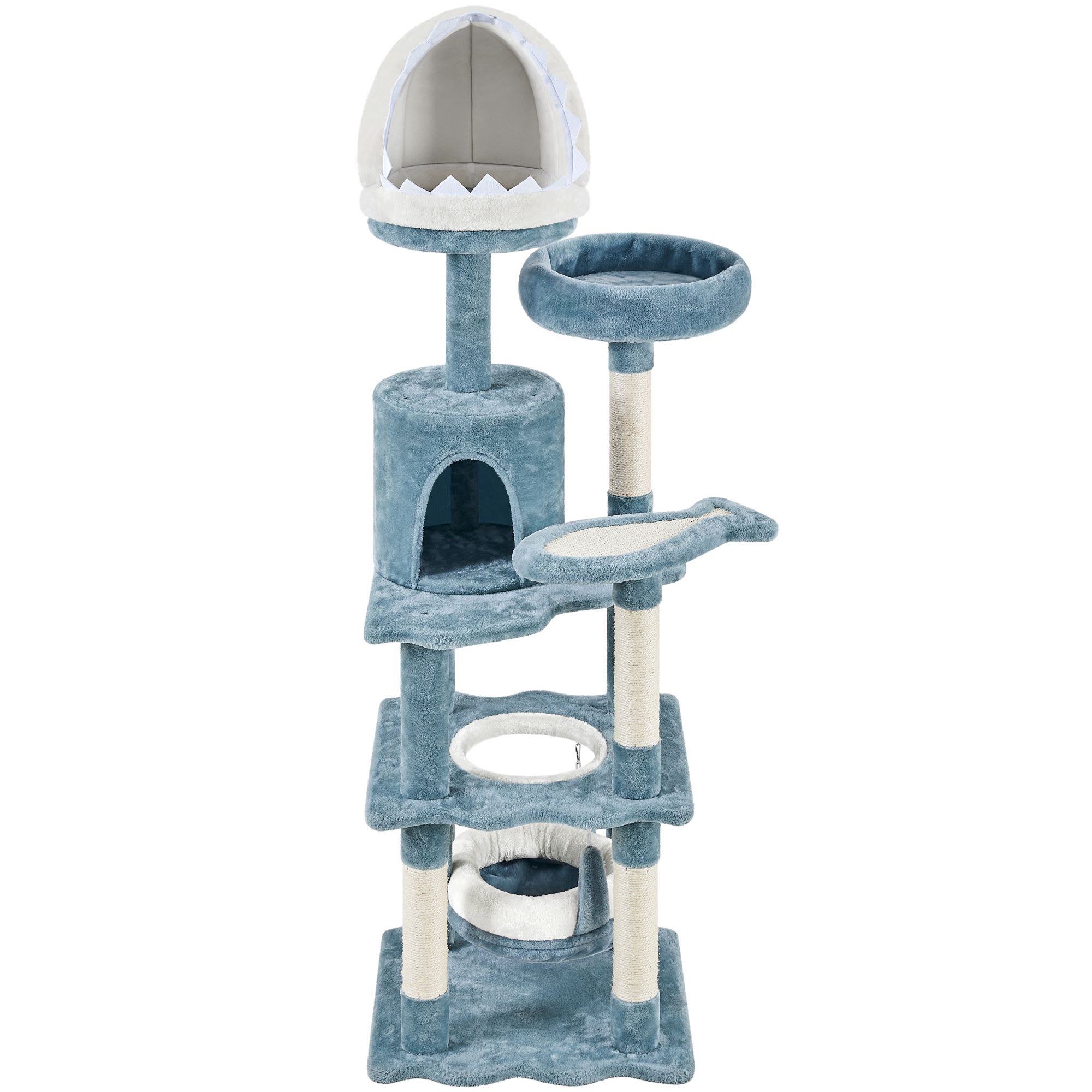 Topeakmart Ocean-themed Multi Level Cat Tree with Padded Perches and Hammock, 61" H, Blue