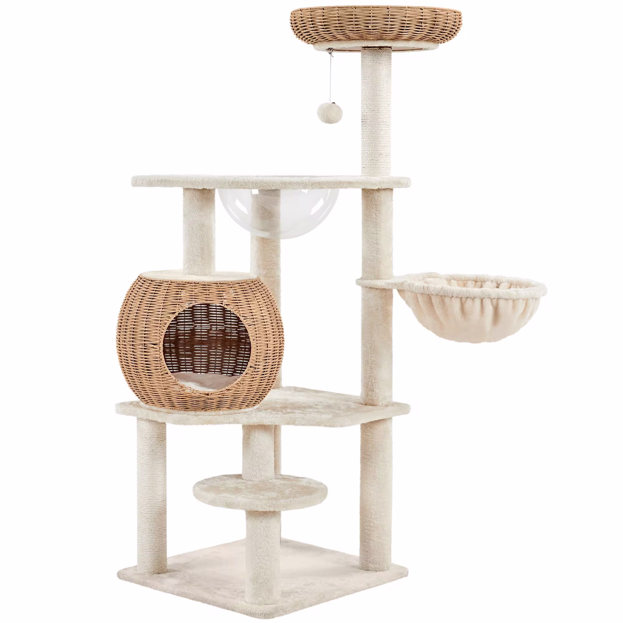 Topeakmart Rattan Cat Tree Tower with Condo and Basket, 54" H, Wood
